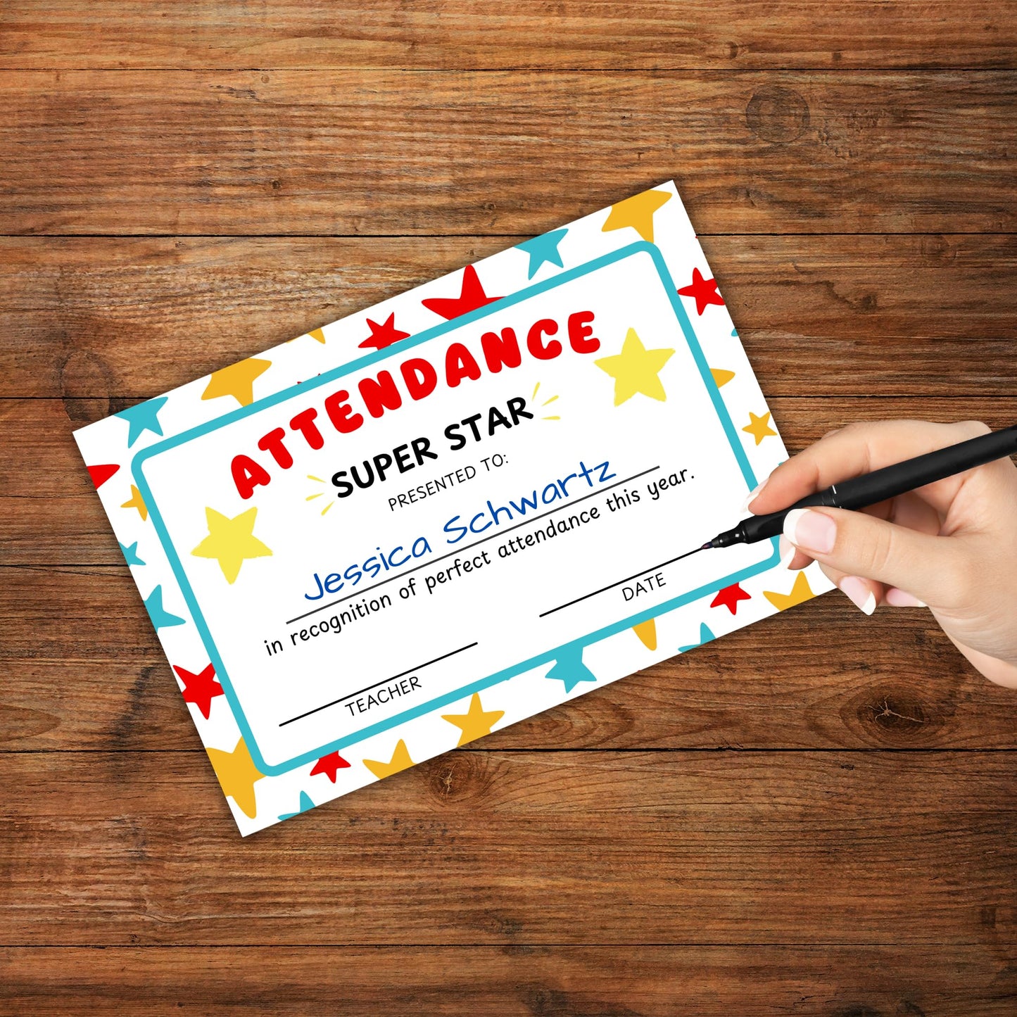 Certificate of Perfect Attendance 30pk 6x9” Cardstock Student End of Year Awards from Teachers Star Background School Attend Never Missed a Day