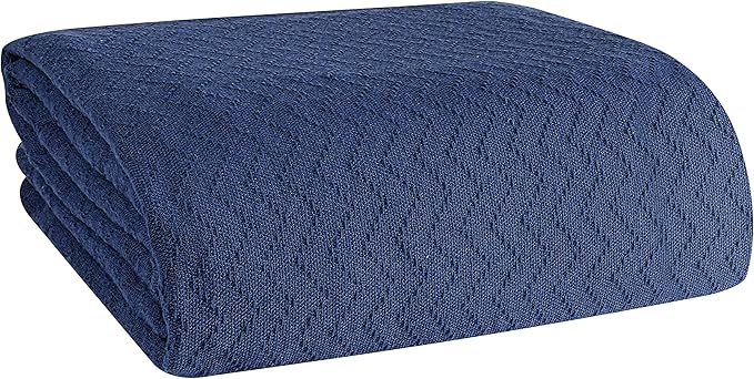 BELIZZI HOME 100% Cotton Bed Blanket, Breathable Thermal Blanket King Size, Soft Chevron 90''x102'', Perfect for Layering Any All Season, Navy Blue