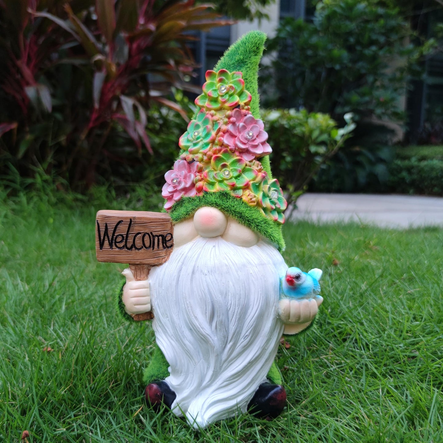 VIOYOUNS Solar Gnomes Garden Statues,Resin Gnome Figurine Holding Welcome Card and Bird with Solar Lights, Outdoor Gnomes Decorations for Yard Patio Lawn Porch, Garden Gifts