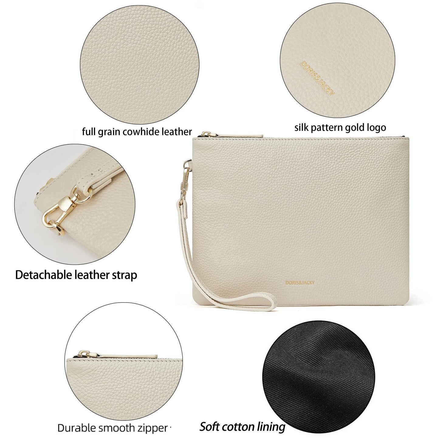 DORIS&JACKY Leather Wristlet Clutch Purse for Women Large Slim Phone Pouch Bag With Detachable Strap (Off White)