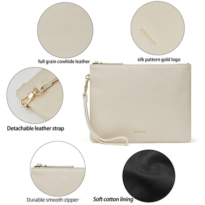 DORIS&JACKY Leather Wristlet Clutch Purse for Women Large Slim Phone Pouch Bag With Detachable Strap (Off White)