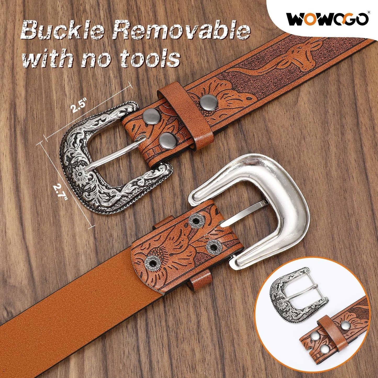 WOWOGO 2 Pack Western Cowboy Belts for Men Women Cowgirl Country Floral Engraved Pu Leather Belt with Longhorn Bull Buckle