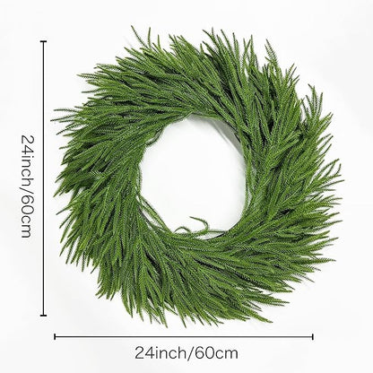 Christmas Wreaths for Front Door 24 Inch Norfolk Pine Wreath for All Seasons Artificial Green Wreath Holiday Decoration for Indoor Outdoor Home Decor