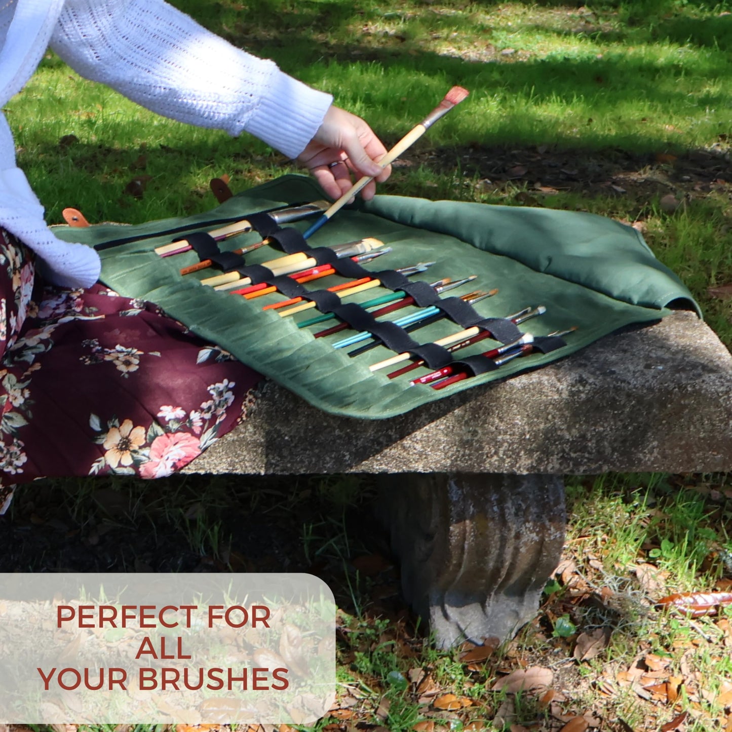Earth & Fiber Co. Waxed canvas paint brush holder - Art bag for painting, drawing & art supplies - Painting supplies for adults - Storage roll bag for artists