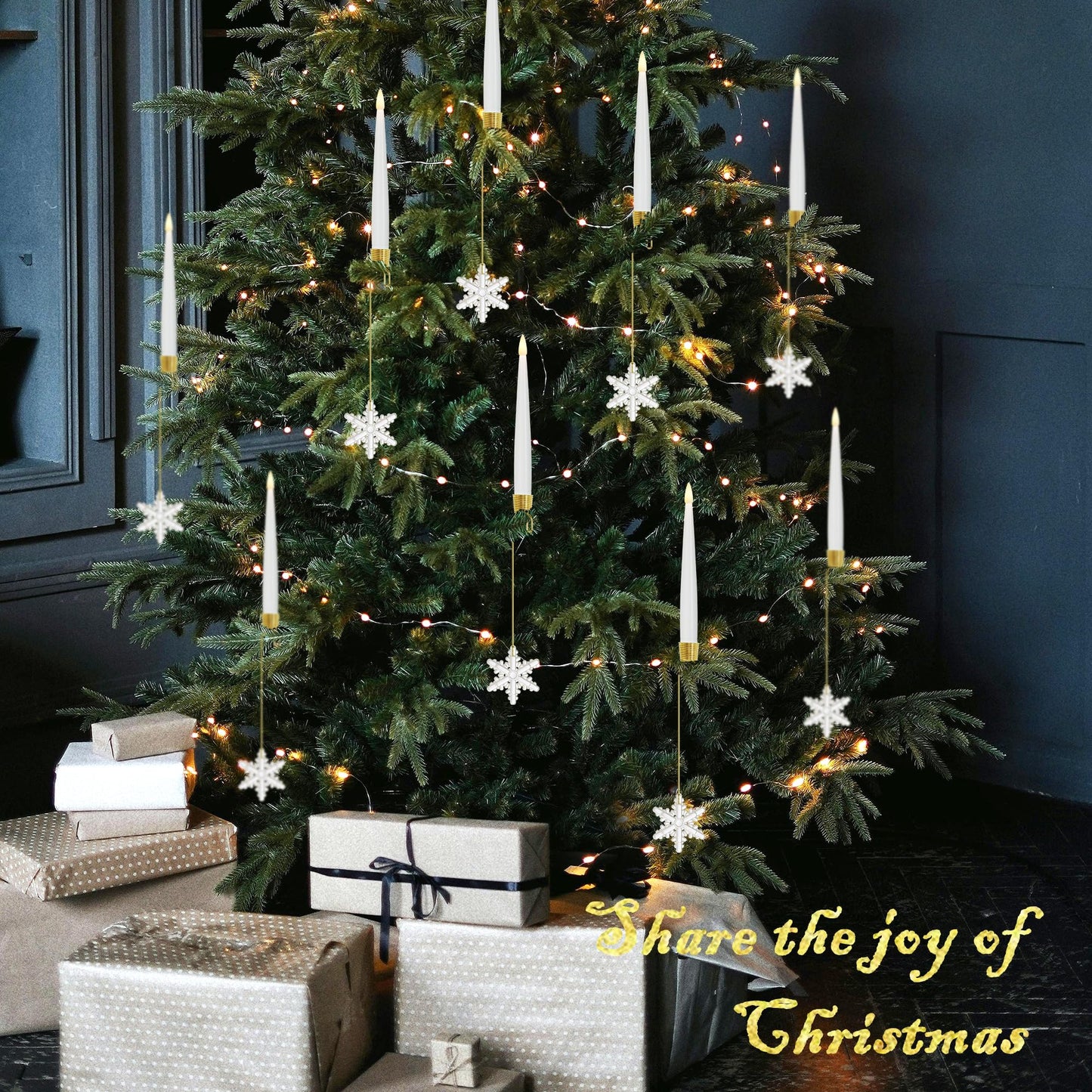JOIONE Flameless Christmas Tree Candles with Remote, 12 Pack Battery Operated LED Candles for Christmas Tree Flickering Flame for Xmas Indoor Decor - Acrylic Snowflake