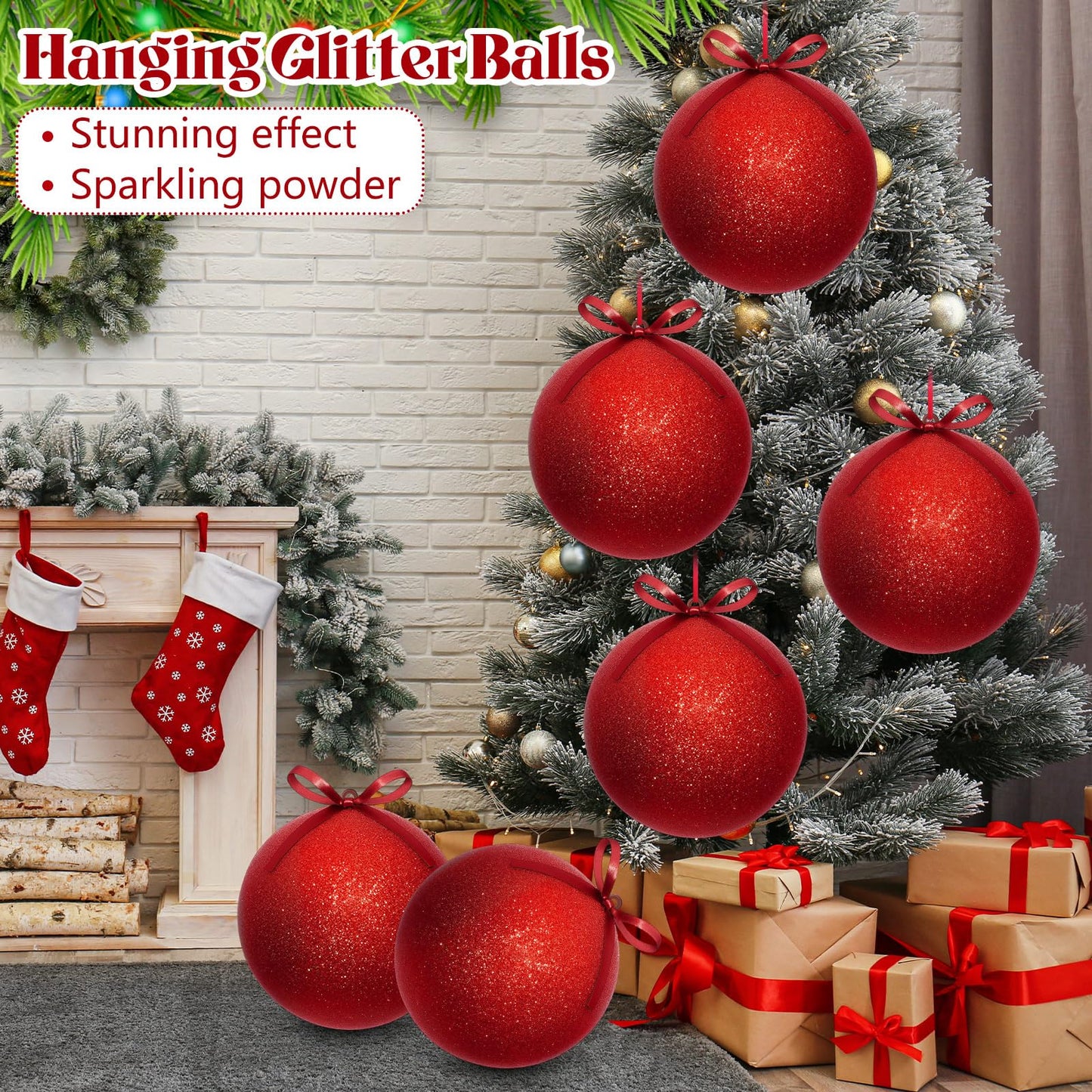 Zubebe 2 Pcs 8" Giant Fillable Christmas Ornaments with Ribbons Oversized Plastic Xmas Balls for Outdoor Lawn Yard Decor, Tree Hanging, Holiday Gifts(Glitter Red)
