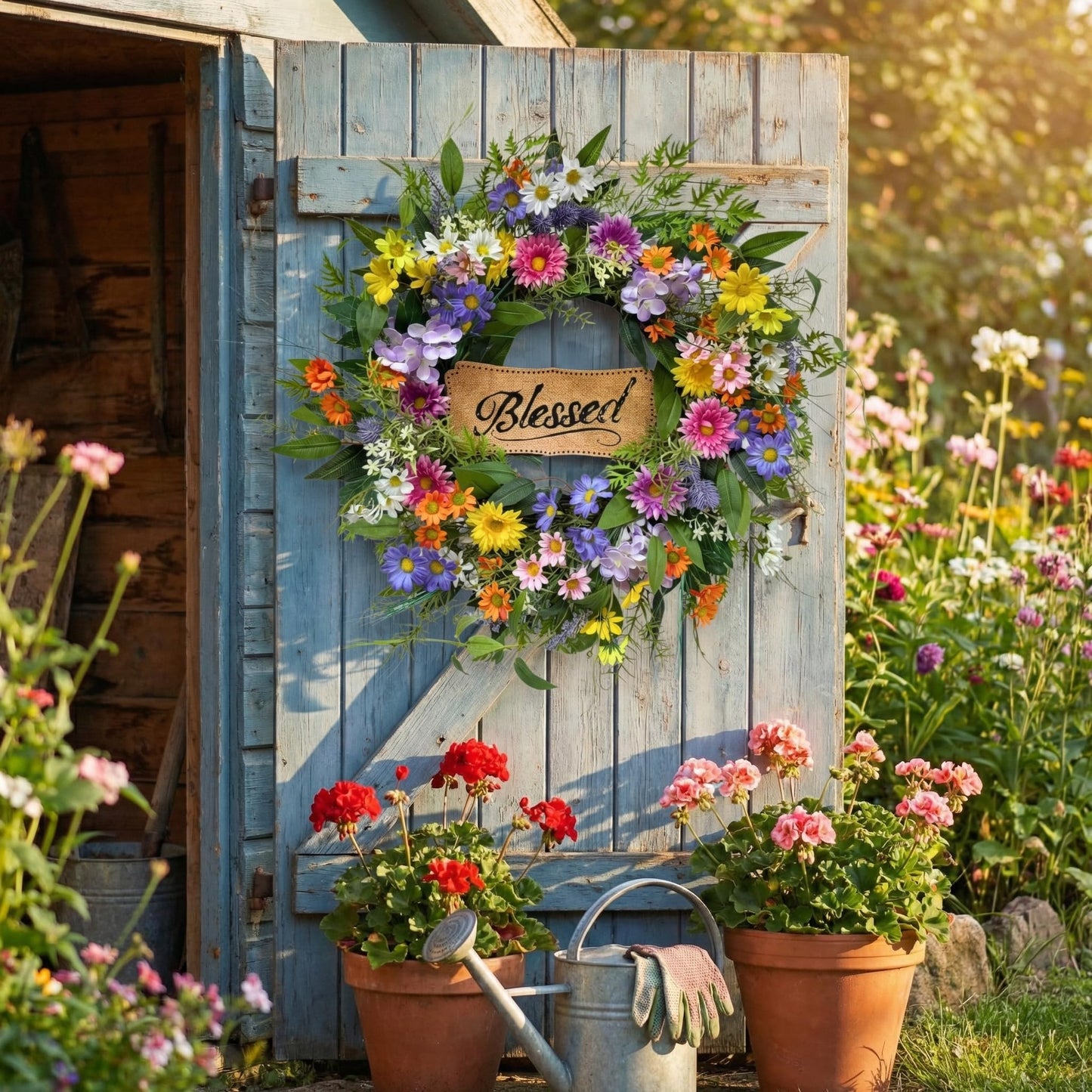 Lnymura 22 Inch Spring Summer Blessed Wildflower Wreath for Front Door Wall