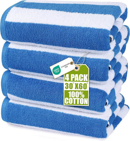 Oversized Cabana Beach Towels - Pack of 4 Cotton 30x60 Inches | Modern Striped Design in Blue