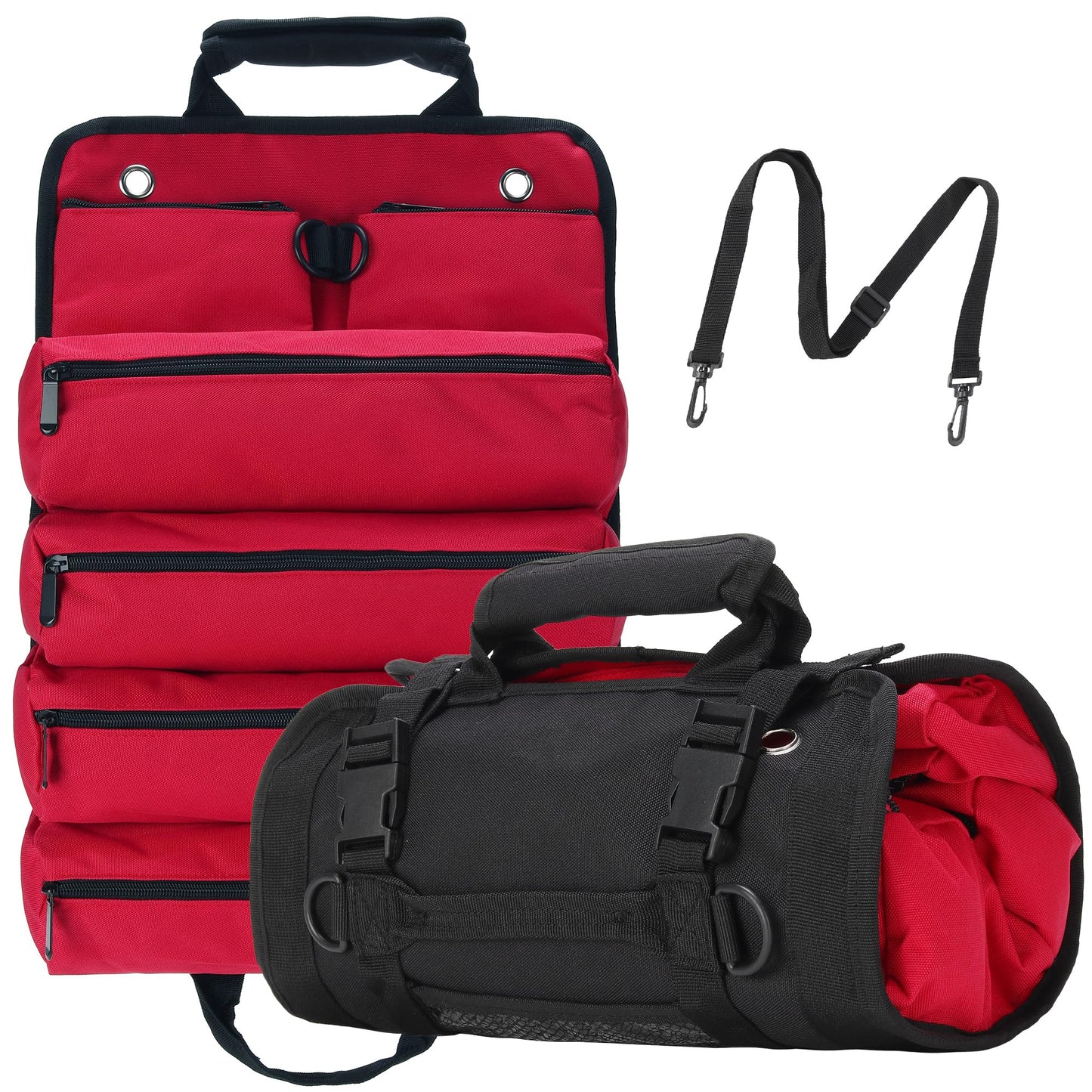 W WINTMING Tool Roll Bag, Tool Bag Organizer, Tool Carrier Roll UP Storage Pouches with 6 Zipper Pockets & Strap, Gifts for Men Mechanic Electrician Hobbyist (Red)