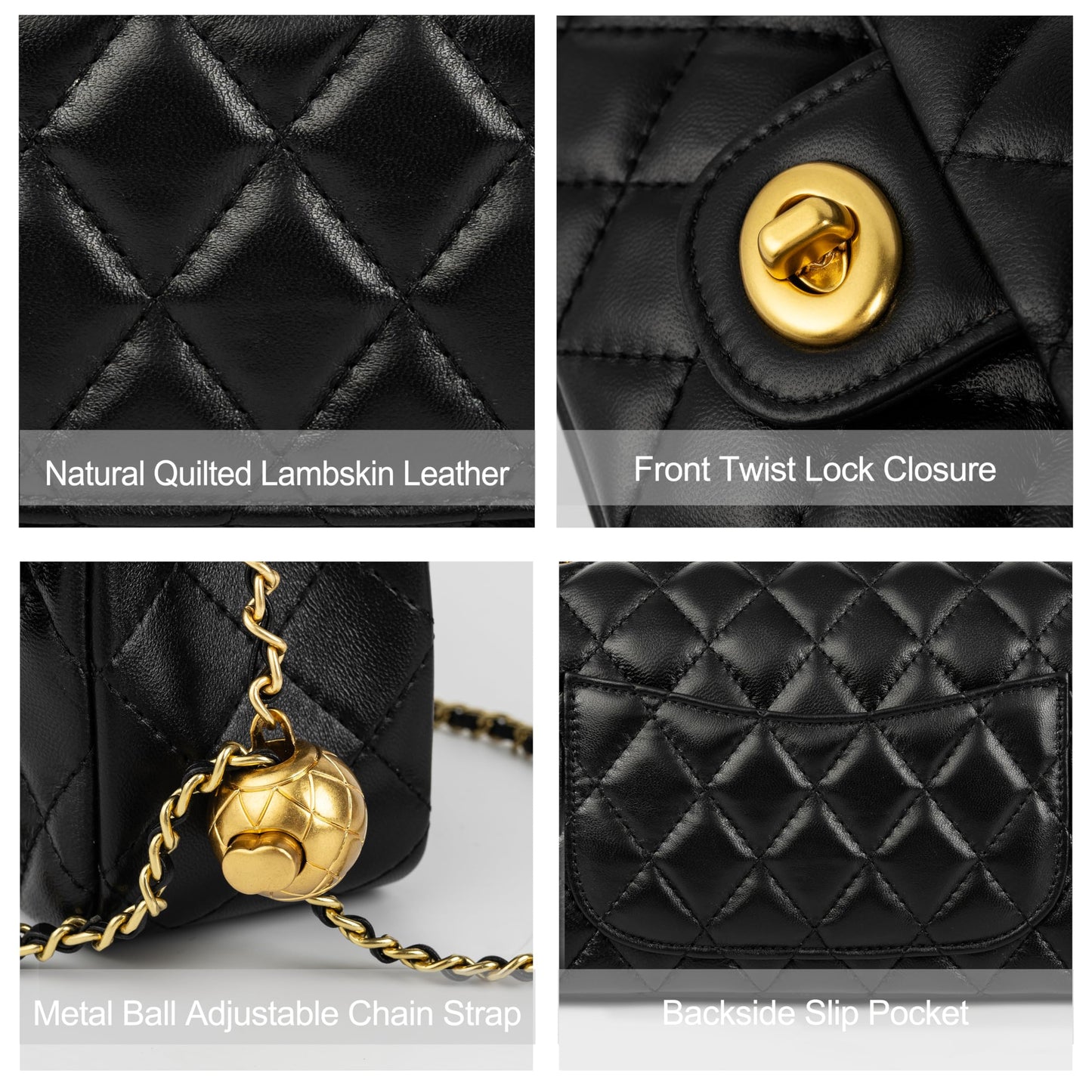 DORIS&JACKY Small Quilted Crossbody Purse for Women, Designer Lambskin Shoulder Cellphone Purse with Twist Lock and Chain Strap (Black)