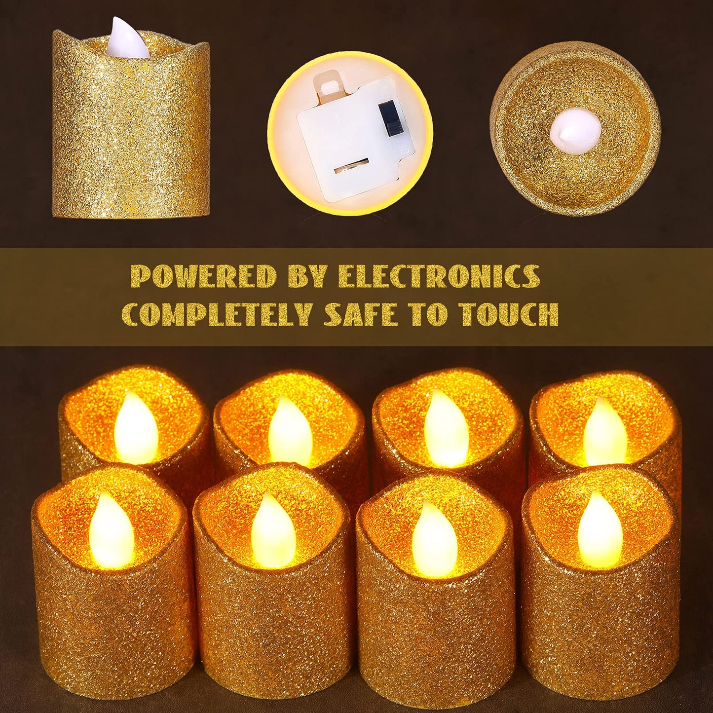 Honoson 24 Pack Gold Candles Party Decoration Flameless LED Tea Light Battery Operated Candle for Halloween Christmas Valentine Diwali Wedding Table Centerpiece