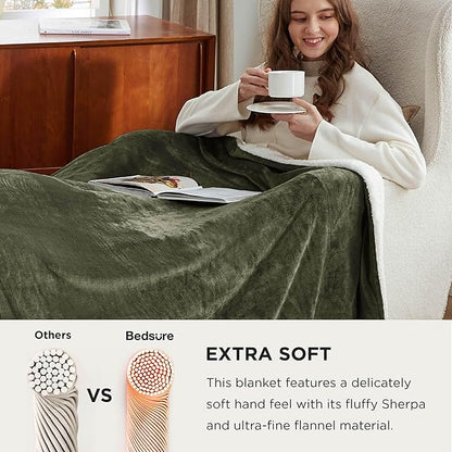 Bedsure GentleSoft Sherpa Fleece Oversized Cal King Blankets for Bed - Thick and Warm Throw for Men, Soft Fuzzy Plush Large Blanket for Winter, Olive Green, 112x98 Inches
