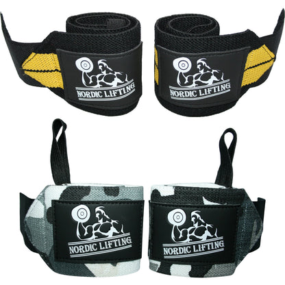 Nordic Lifting Wrist Wraps (2 Pairs) – Adjustable Wrist Wraps with Thumb Loop for Weightlifting, CrossFit & Powerlifting – Gym Essentials Support for Men & Women, Camo Grey/Yellow