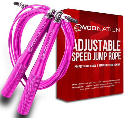 WOD Nation Adjustable Jump Rope - Aluminum Speed Rope & 360° Smooth Rotation - Durable Alloy Steel Handles for Fitness - 10 ft Adjustable Length for Boxing Workouts - Pink, Alloy Steel
