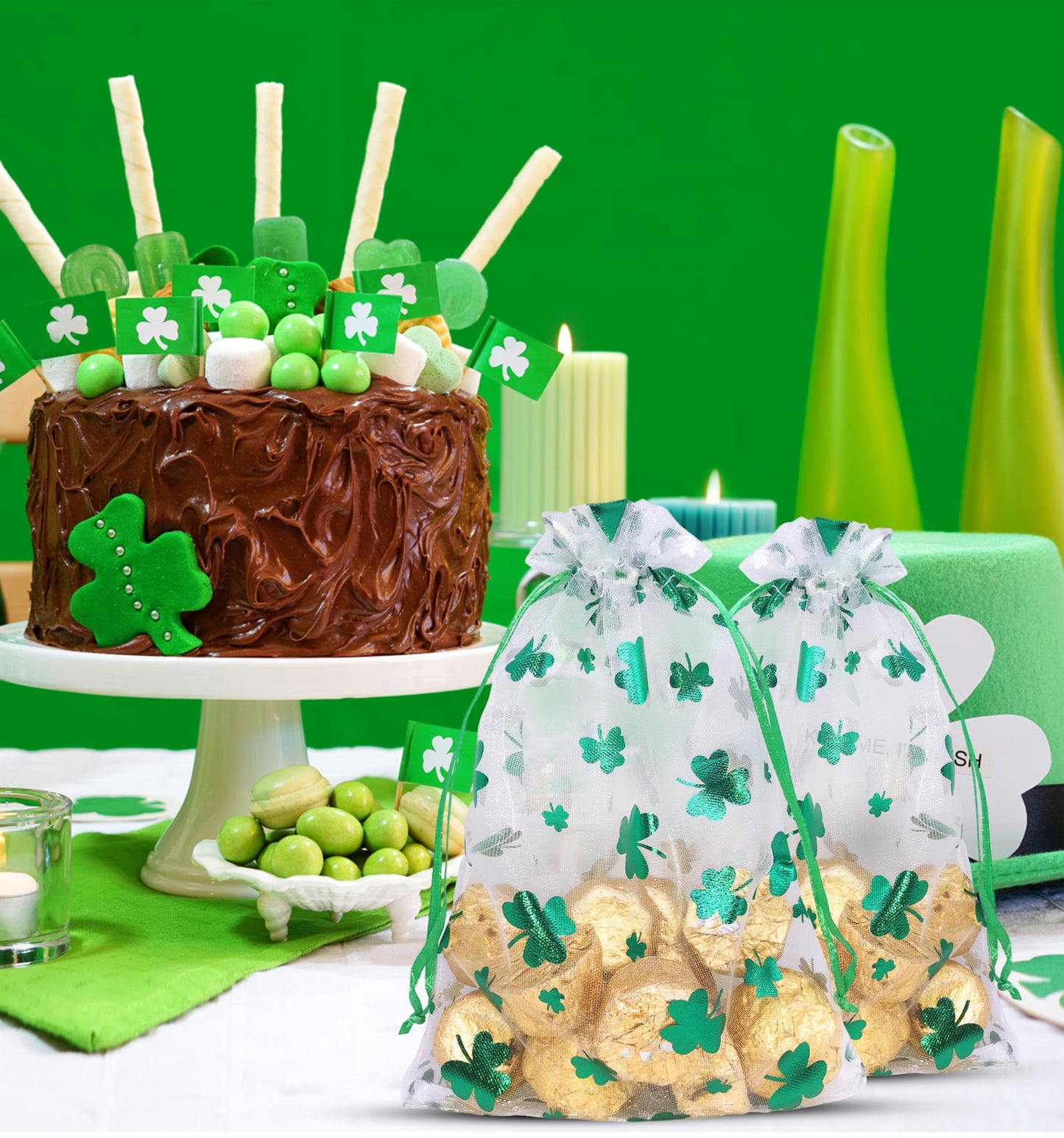 Jexila 50PCS St.Patrick's Day Organza Gift Bags Shamrock Clover Drawstring Goodie Treat Bag St.Patrick's Party Favors for Kids Classroom