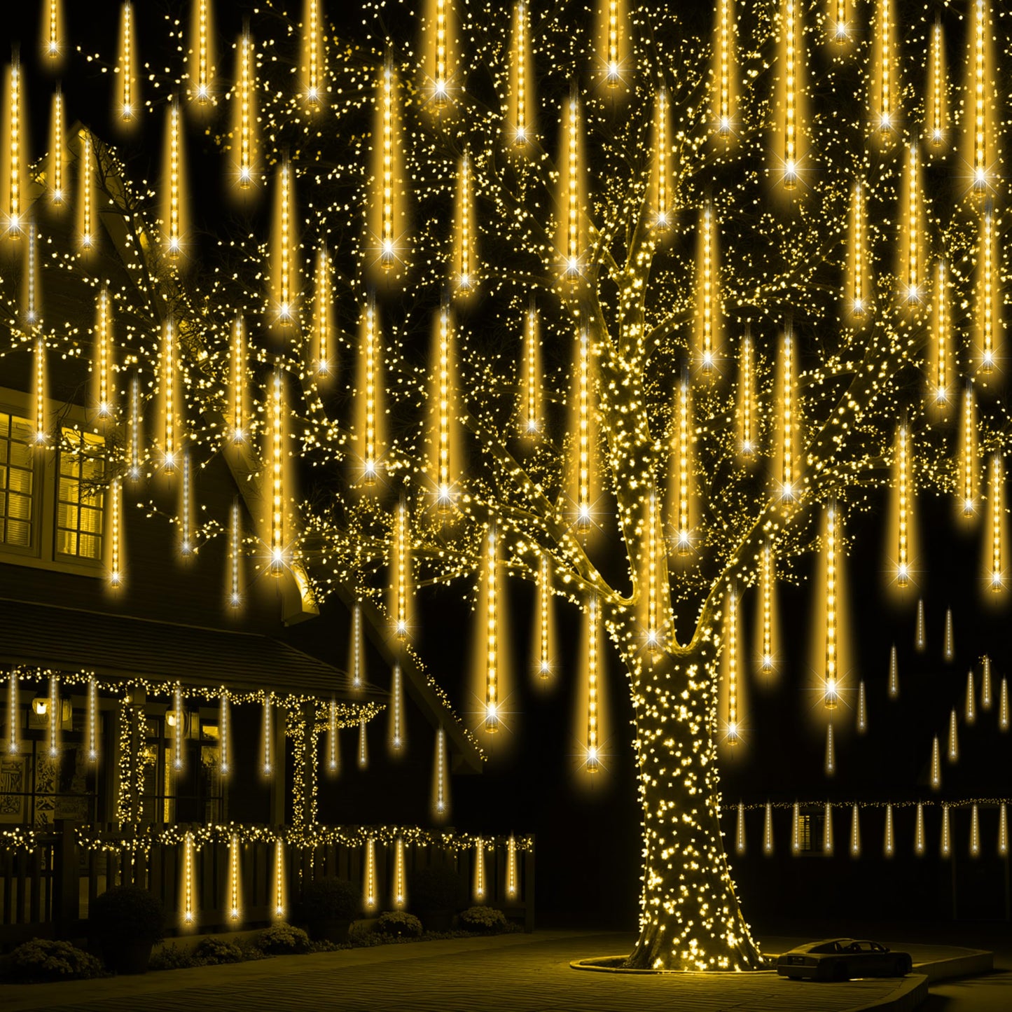 JOYIN Christmas Lights Outdoor,8 Tubes Meteor Shower Lights Warm White,192 LEDs, Snowfall Icicle Cascading Rain Light for Christmas Tree Decorations, Wedding Party Holiday Decor