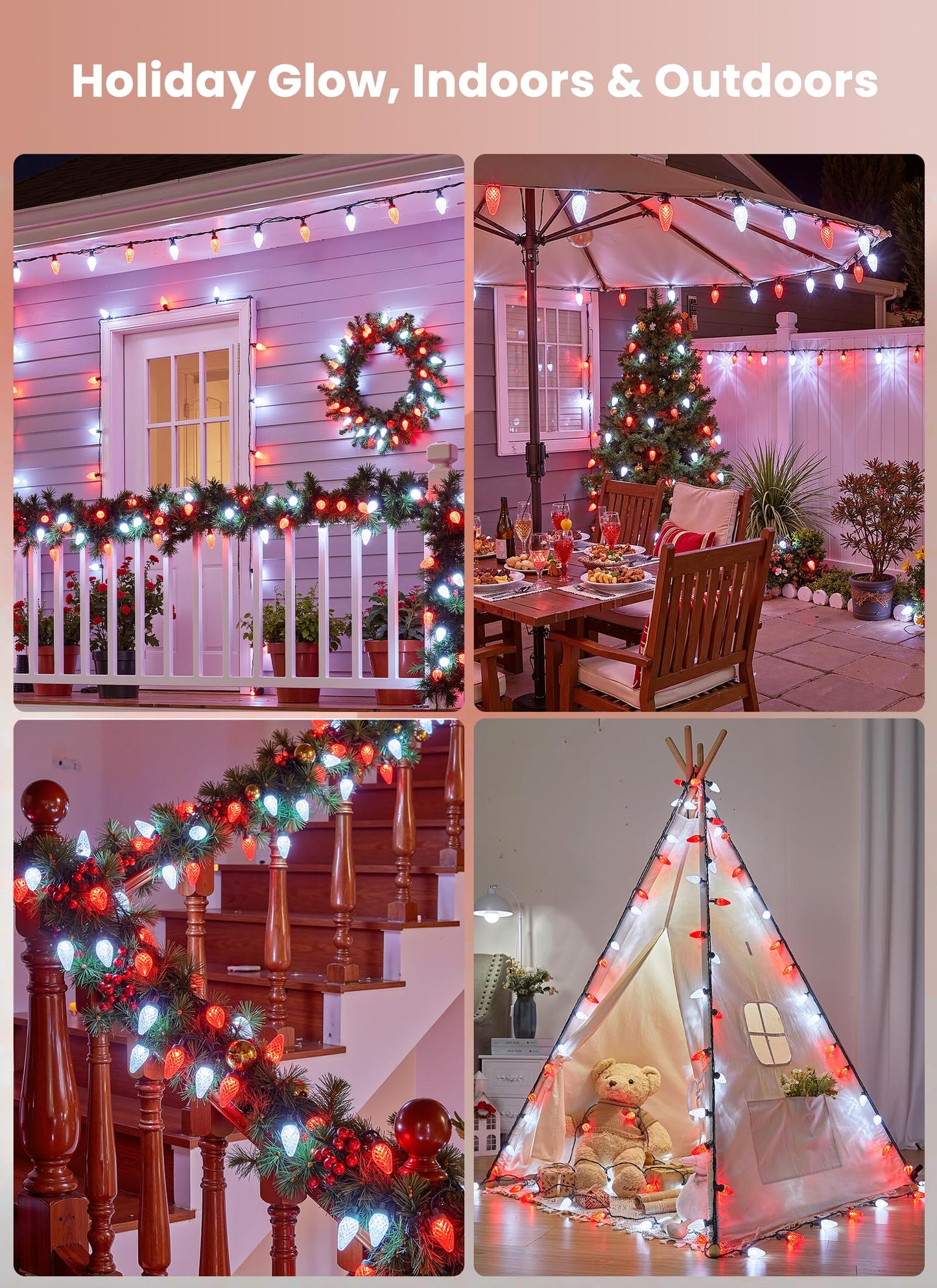 C9 Christmas Lights Outdoor Waterproof, 114 Feet 150 LED C9 String Light with Timer & 8 Light Mode, Connectable Christmas Tree Lights for House Outside Roofline Indoor Decoration, Red & Pure White
