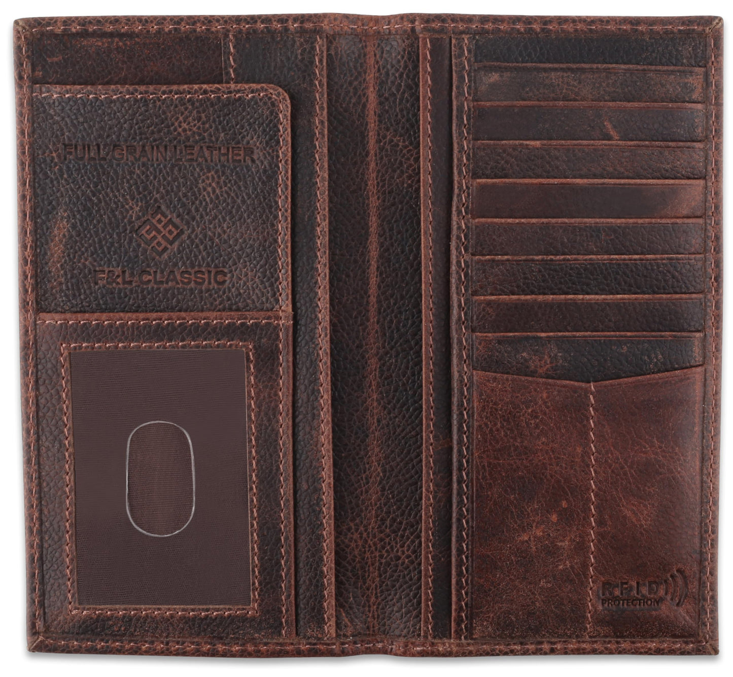 F&L CLASSIC Men's RFID Vintage Look Genuine Leather Long Bifold Wallet Checkbook Wallets,hard wax crunch,240-52