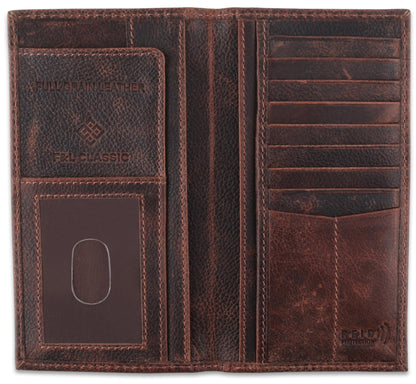 F&L CLASSIC Men's RFID Vintage Look Genuine Leather Long Bifold Wallet Checkbook Wallets,hard wax crunch,240-52