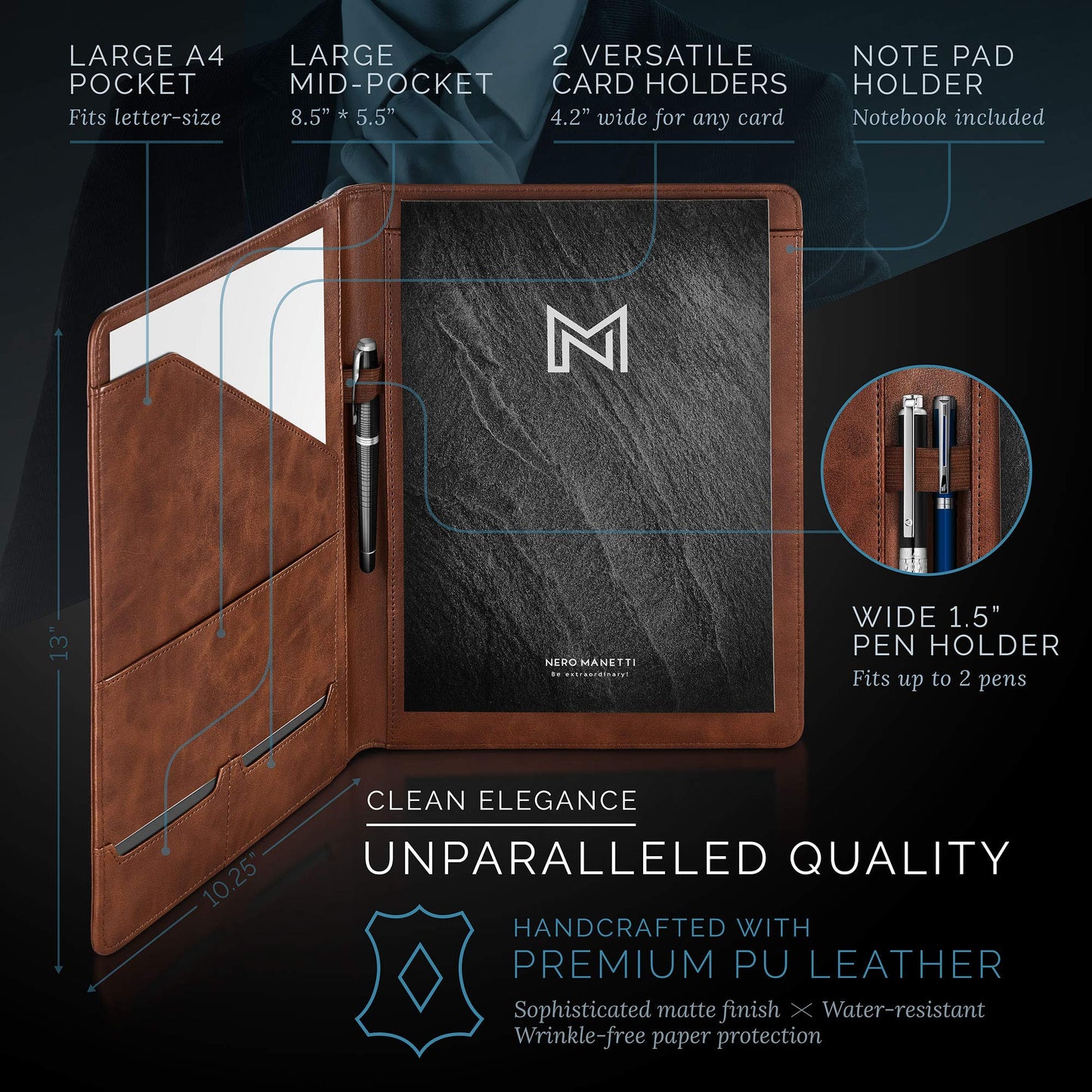 Nero Manetti - Leather Portfolio Folder - Business PU Leather Notepad Holder for Resumes, Legal Pad Executive Binder, Professional Padfolio Notebook for Women/Men (Brown)