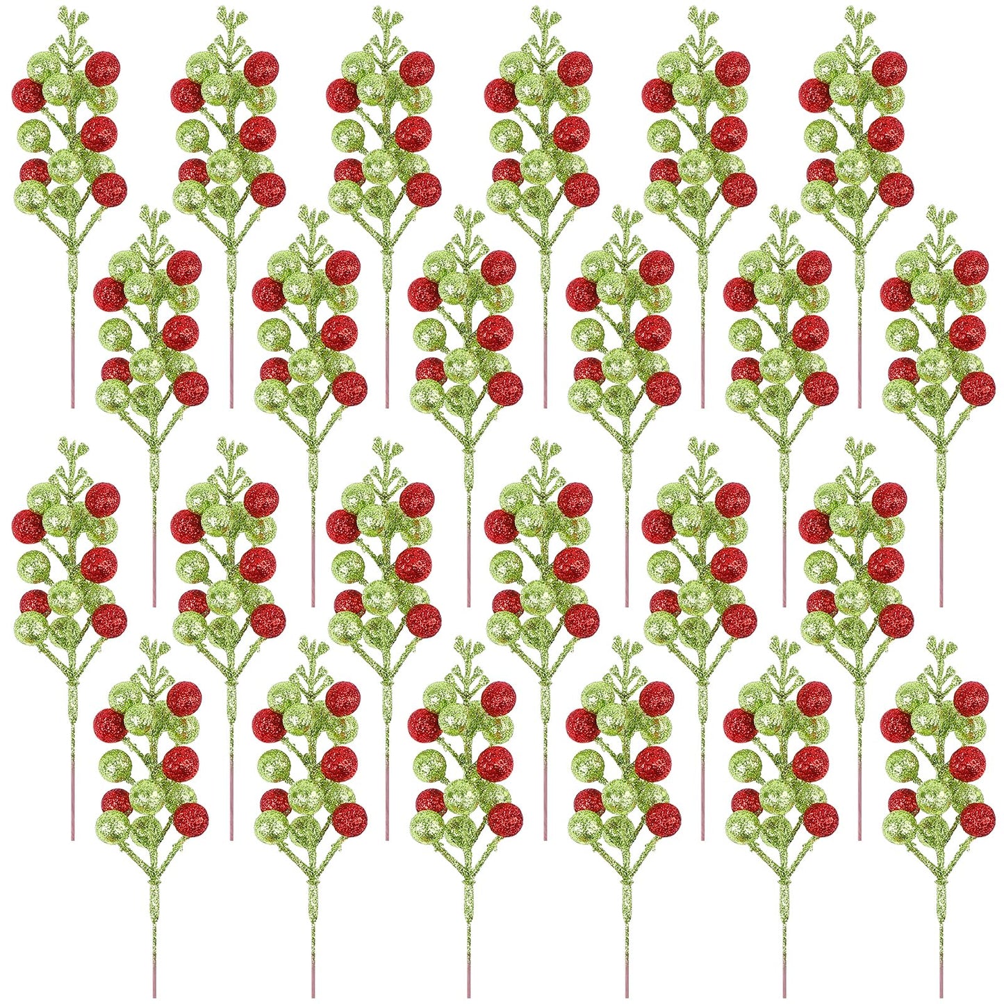 Meching 24 Pack Christmas Glitter Green Red Berry Stems, 7.5 Inch Artificial Christmas Berries Picks for DIY Crafts Xmas Tree Christmas Wreath Home Wedding Home Party Decoration (Green&Red)
