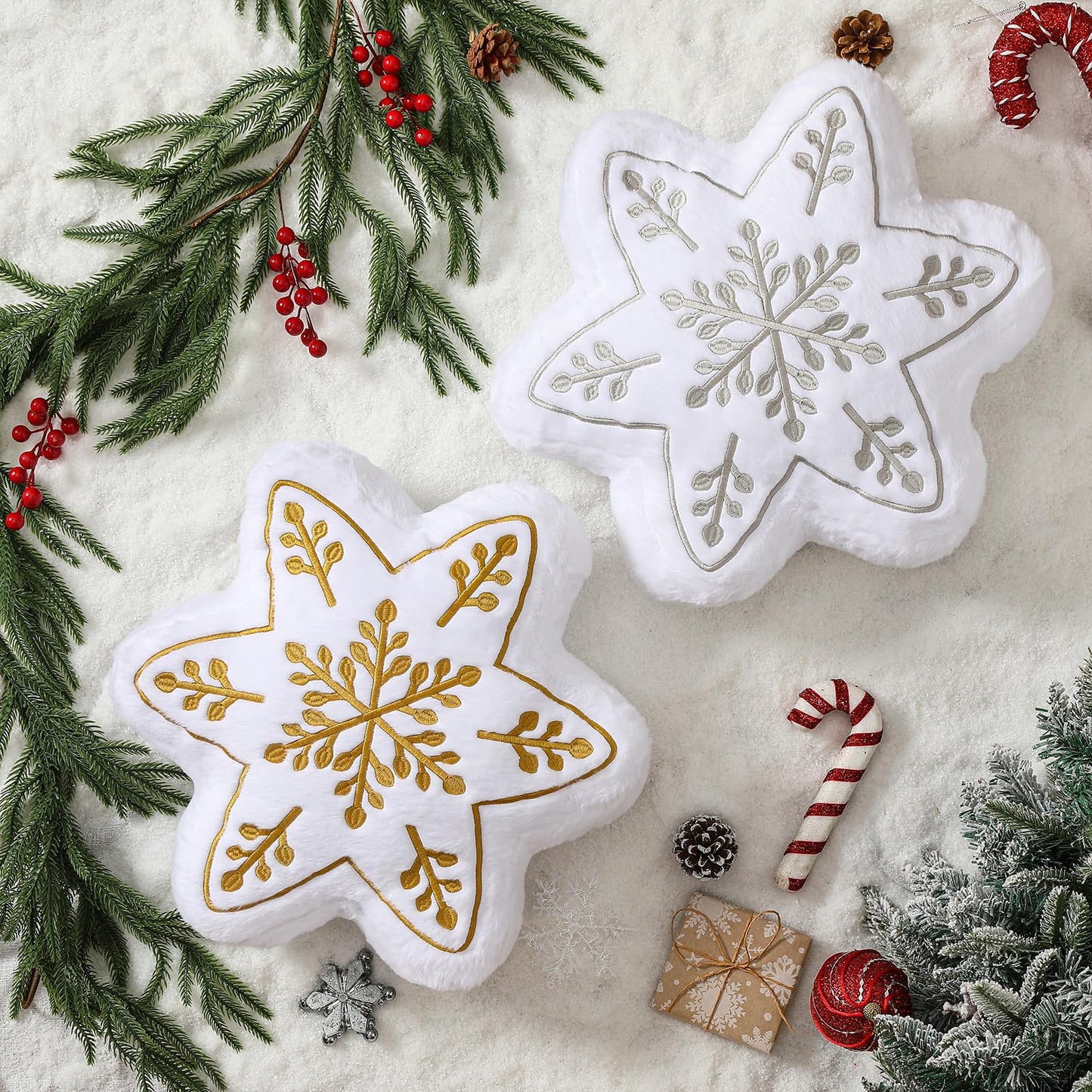 YRXRUS Christmas Snow Pillows, Snow Shaped Pillow, Small Cute Gold Snowflake Pillow for Gifts, Christmas Decorations Throw Pillows for Party, Her, Kids, Girls Xmas Home Decor 13.5x13.5 Inches
