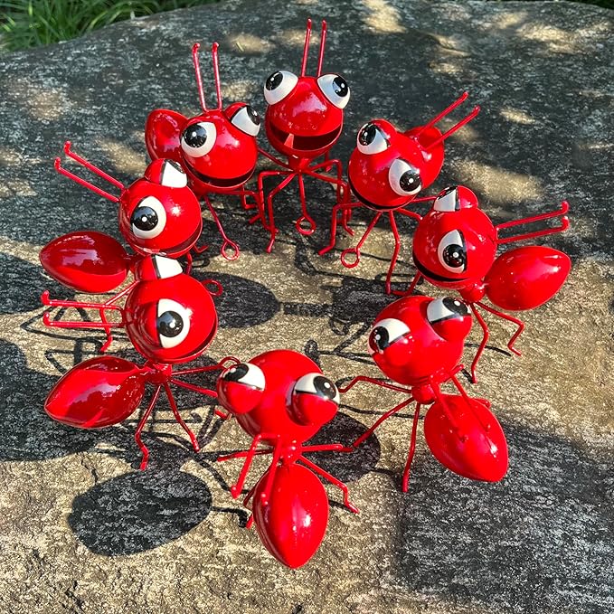 Metal Yard Art Garden Decor for Outside Cute Ants Yard Decorations Outdoor Lawn Ornaments Backyard Gifts for Mom - Set of 8（All Red）