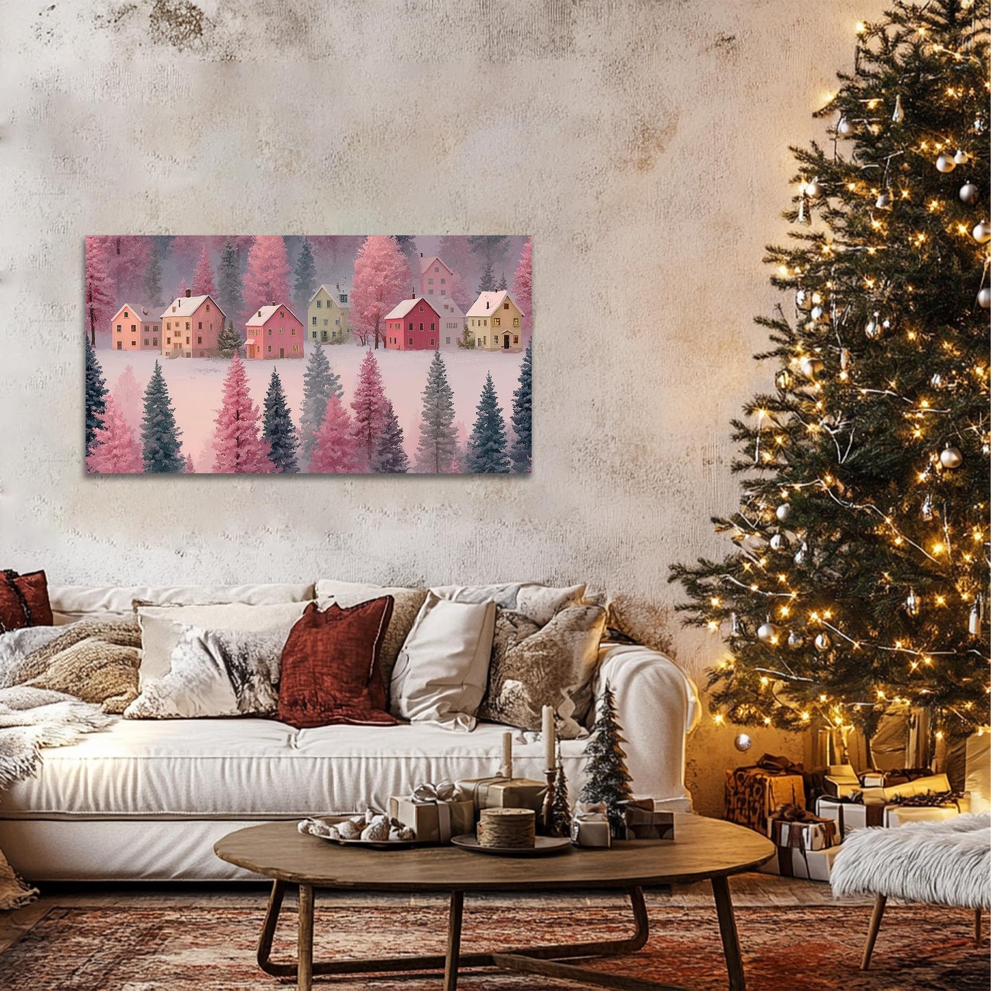 GUTTATY Christmas Canvas Wall Art, Pastel Winter Village Canvas Painting, Snow Scene Wall Prints, Festive Holiday Indoor Artwork Poster, Cozy Christmas Wall Decor for Living Room, 32x16 Inch