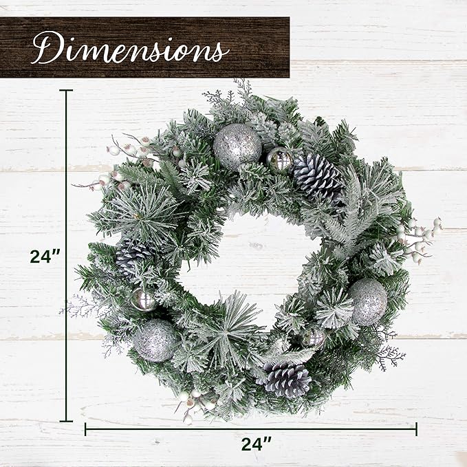 Fraser Hill Farm 24" Christmas Frosted Wreath Door Hanging with Ornaments, Pinecones, and Berries, Artificial Holiday Hanging Decoration for Door, Wall, Mantel