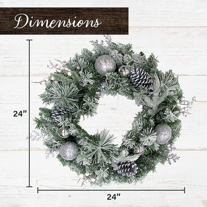 Fraser Hill Farm 24" Christmas Frosted Wreath Door Hanging with Ornaments, Pinecones, and Berries, Artificial Holiday Hanging Decoration for Door, Wall, Mantel