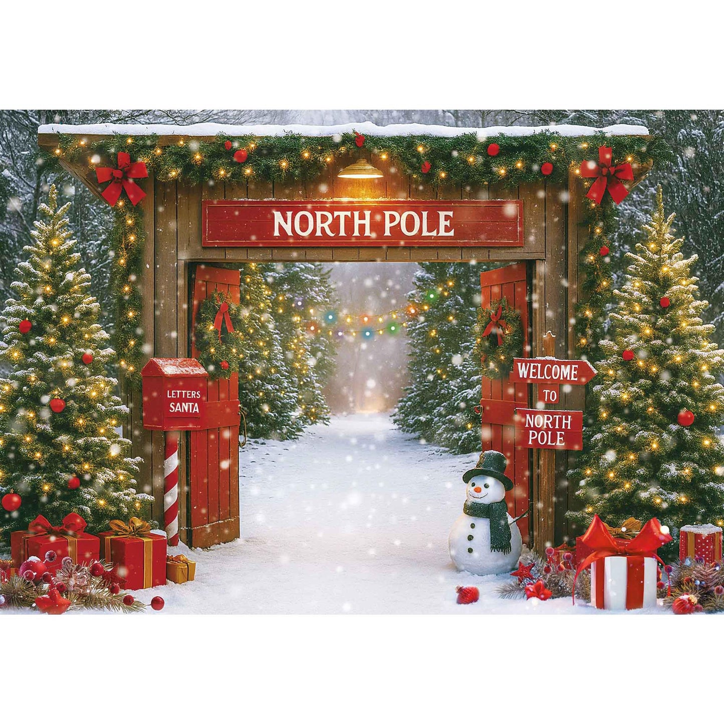 Fluzimir Christmas Photography Backdrop 8x6ft – Rustic Snowy Forest Barn Door with Xmas Tree, North Pole Winter Scene Fabric Photo Background for Family Party, Baby Holiday Photos