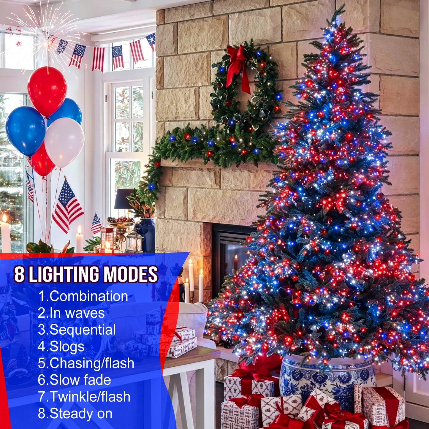 kemooie 4th of July Patriotic Decoration, 500 LED Red White and Blue Lights with 8 Modes, Outdoor Waterproof String Lights for Fourth of July, Memorial Day, Independence Day Decor