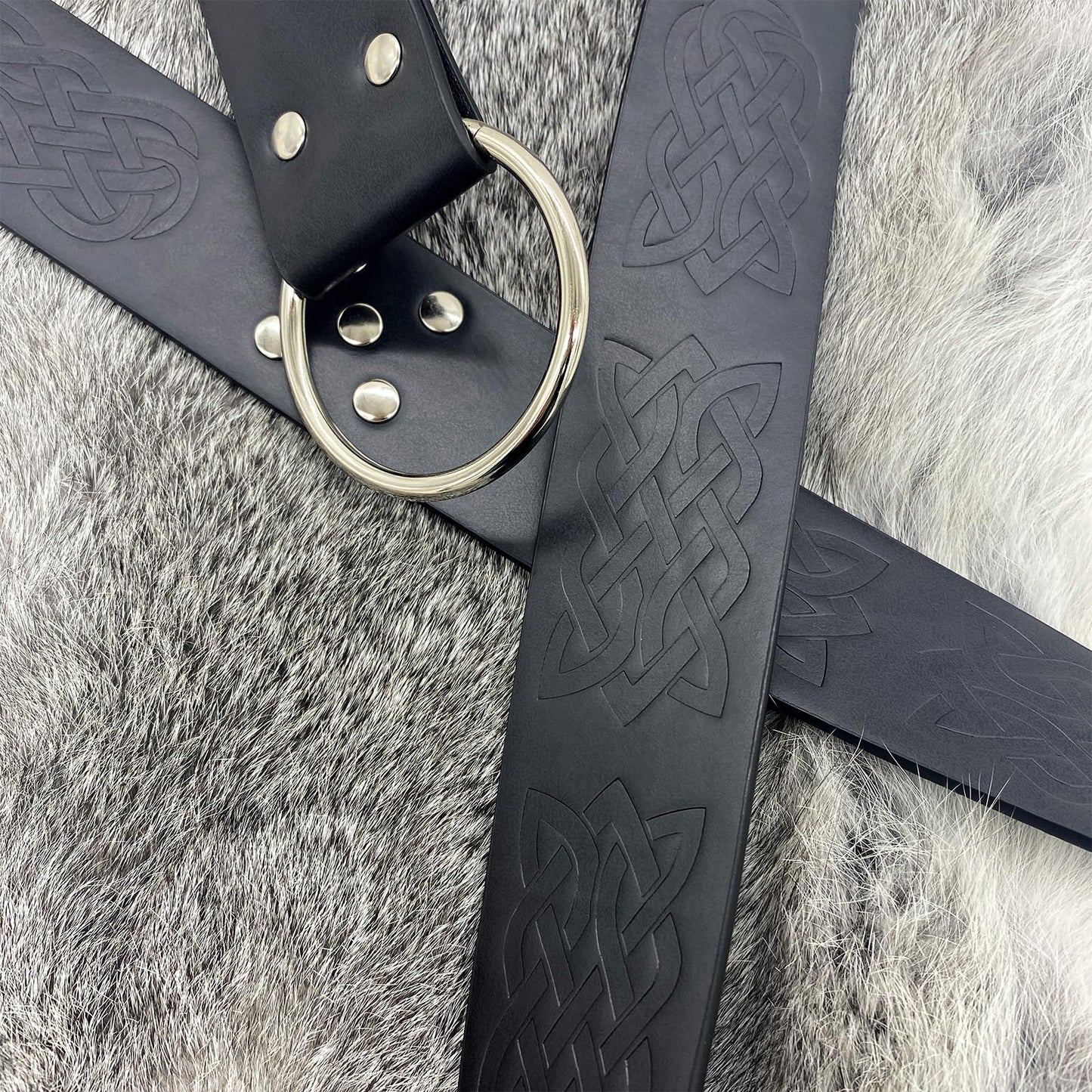 HiiFeuer Medieval Embossed O Ring Belt and Viking Embossed Belt Bag Set for LARP (Black)