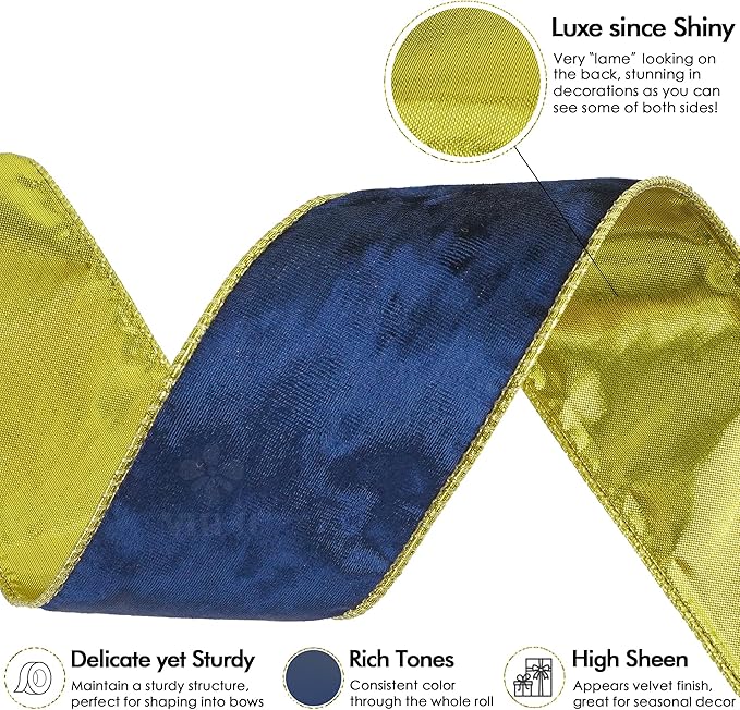 MEEDEE Navy Blue and Gold Velvet Ribbon 2.5 inch Thick Velvet Wired Edge 10 Yards Spool Two Tone Ribbon for Christmas Tree, Gift Wrapping, Wreaths, Bows, Swags, Crafts Supply