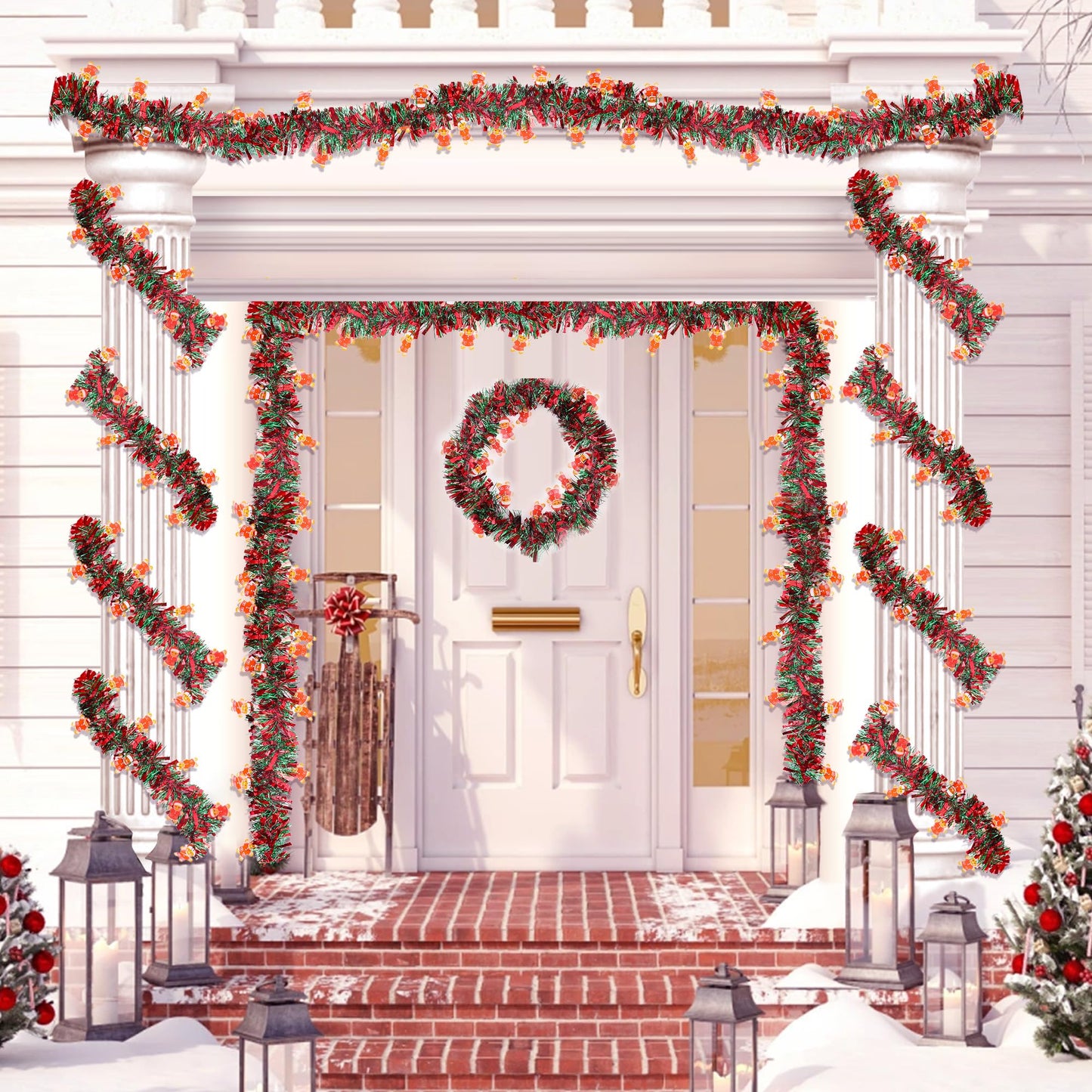 Christmas Garland Decorations 33 FT Red Green Christmas Tinsel Garland with Gingerbread Man Ornaments, Metallic Christmas Tree Garland Indoor Outdoor for Home Mantle Fireplace Xmas Holiday Party Decor