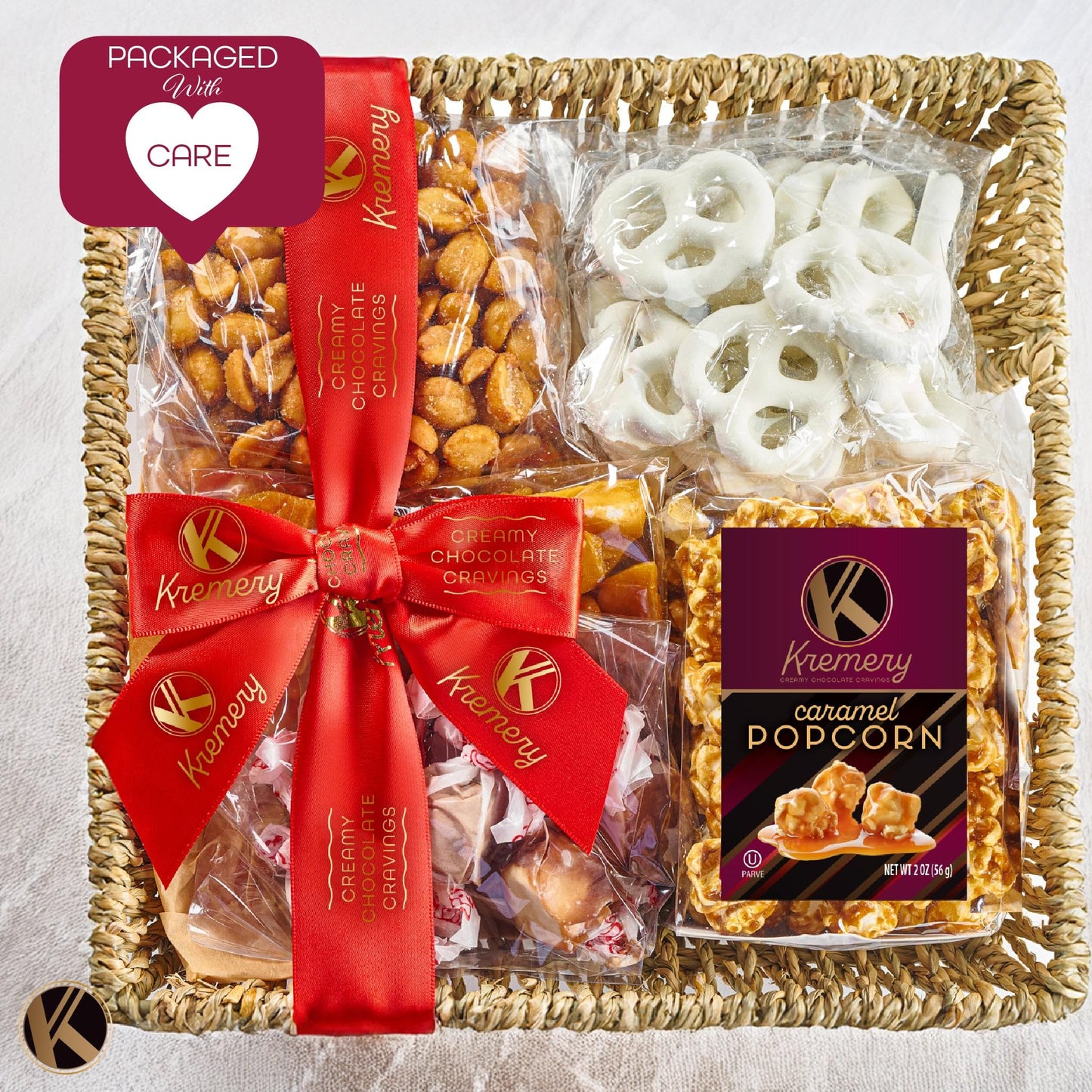 KREMERY Creamy Chocolate Cravings Chocolate Covered Pretzels, Nuts, Candy & Caramel Popcorn (Classic, 1.5 lbs) Sweet Treats in Seagrass Tray with Ribbon Kosher Arrangement
