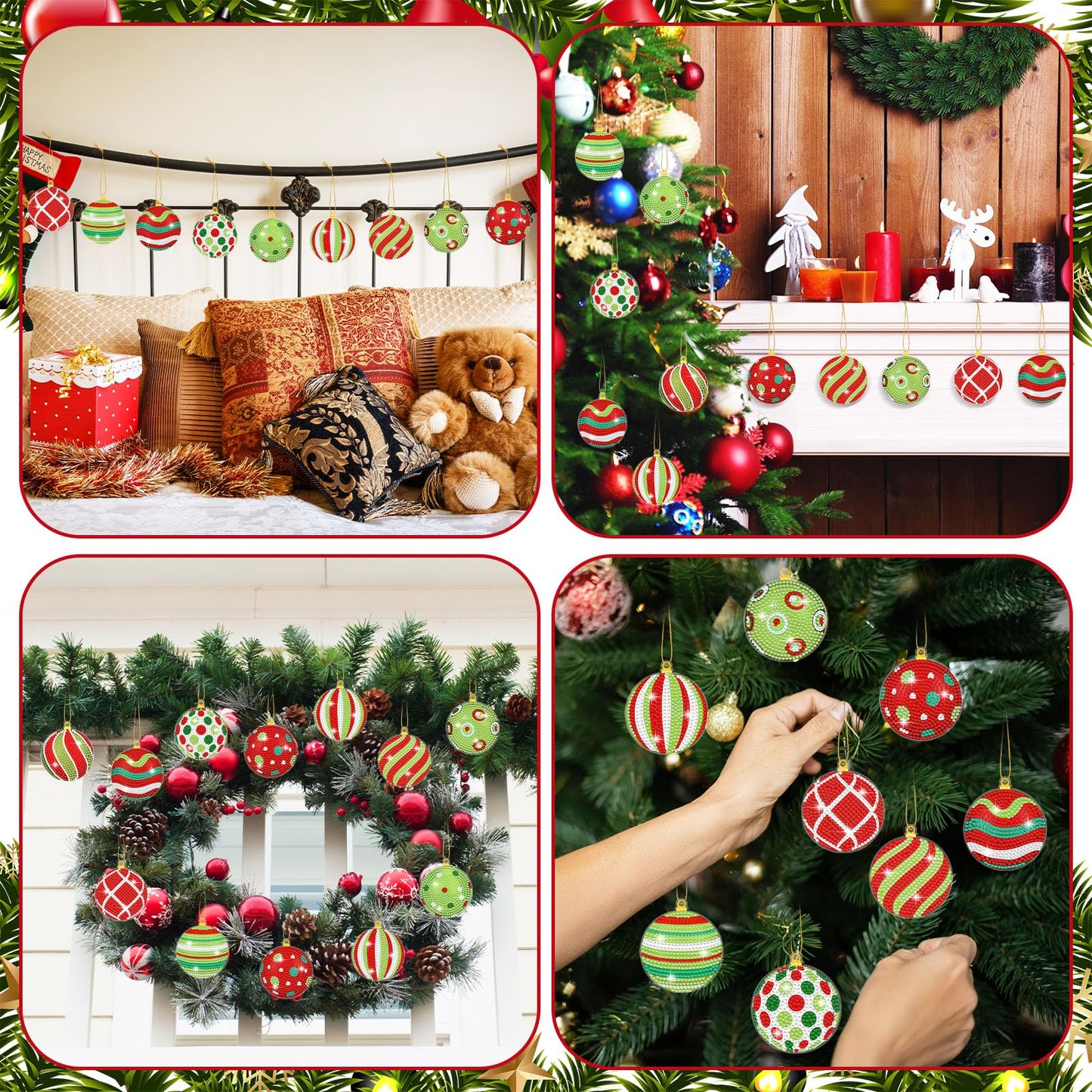 Realspring 20 Pieces Christmas Ball Diamond Art Ornaments Lime Green and Red Diamond Painting Tree Decorations 5D Hanging Xmas Diamonds Art DIY Christmas Kits for Adults Crafts Party Favors