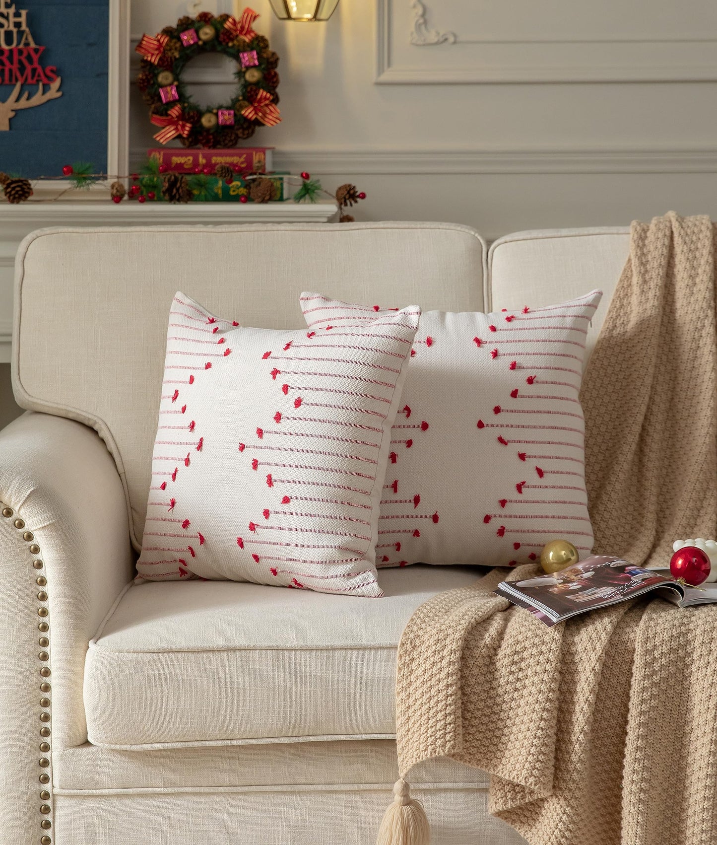 Caflife Boho Christmas Throw Pillow Covers 18x18 Set of 2, Christmas Decorations Pillow Covers Beige with Red Line for Modern Farmhouse Couch Sofa Bedroom Living Room Outdoor