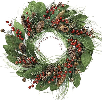 YNYLCHMX 20 Inch Winter Wreath for Front Door, Winter Wreaths with Magnolia Leaves Red Berries Pine Cones, Artificial Door Wreaths for Outdoor Indoor Farmhouse Windows Wall Holiday