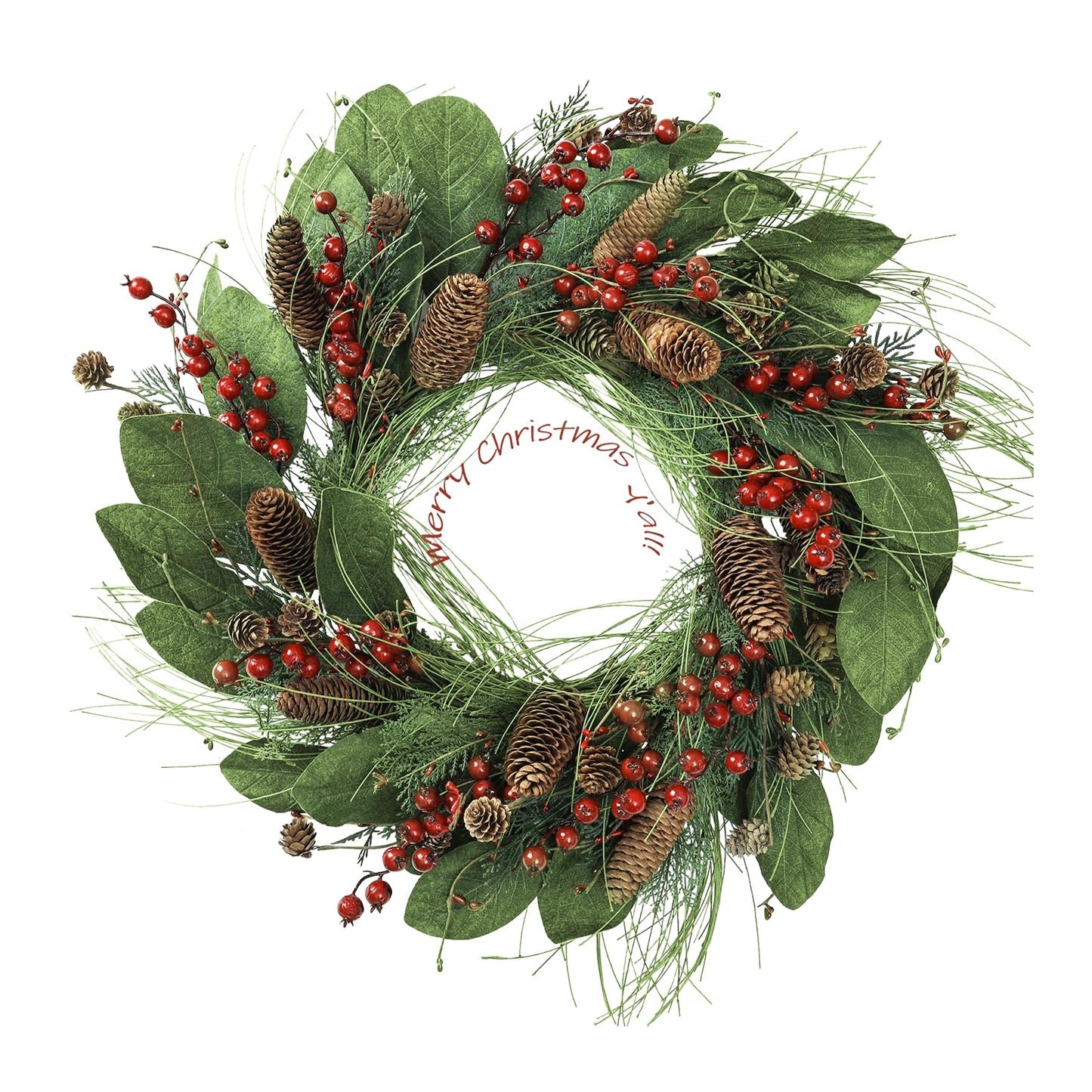 YNYLCHMX 20 Inch Winter Wreath for Front Door, Winter Wreaths with Magnolia Leaves Red Berries Pine Cones, Artificial Door Wreaths for Outdoor Indoor Farmhouse Windows Wall Holiday