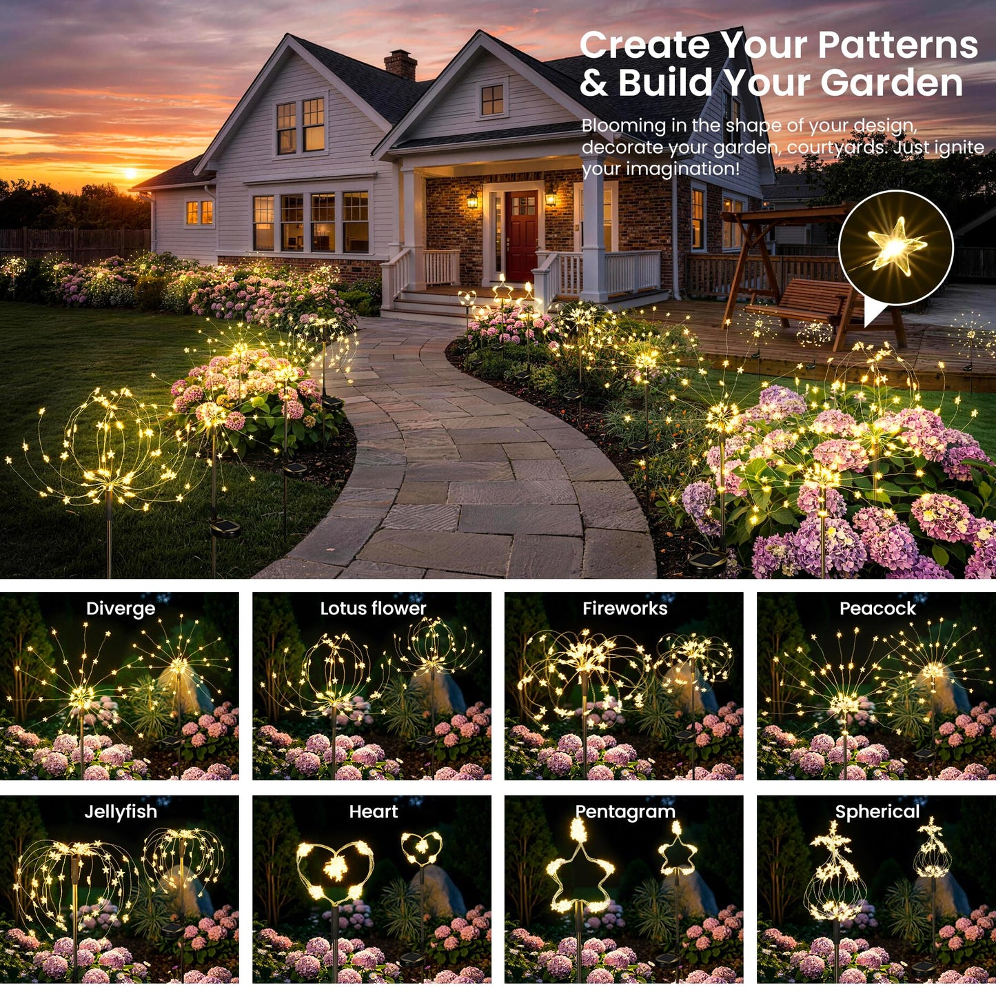 GIGALUMI Solar Lights Outdoor Garden Decor Fireworks Lights, 2 Pack Fairy Lights Outdoor Waterproof Solar Powered, Star-Shaped LED Lights for Yard Patio Pathway Walkway Decor, Warm White