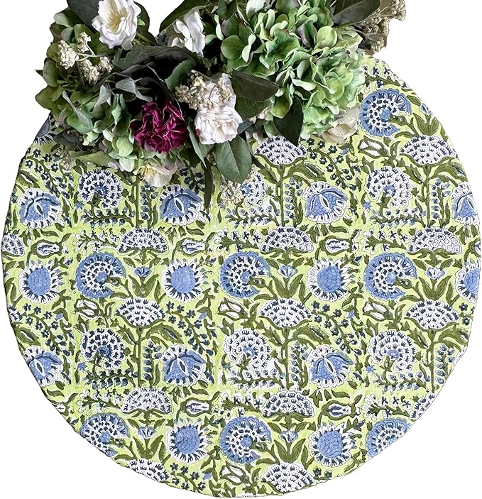 ATOSII Amara 100% Cotton Round Fall Tablecloth, Handblock Print Floral Table Cloth for Kitchen Dining Linen I Parties, Weddings, Christmas, Thanksgiving, Easter Grandmillennial Decor 60" Inches Round