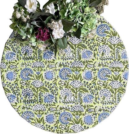 ATOSII Amara 100% Cotton Round Summer Tablecloth, Handblock Print Floral Table Cloth for Kitchen Dining Linen I Parties, Weddings, Outdoors I Grand Millennial Farmhouse Home Decor 72" Inches Round