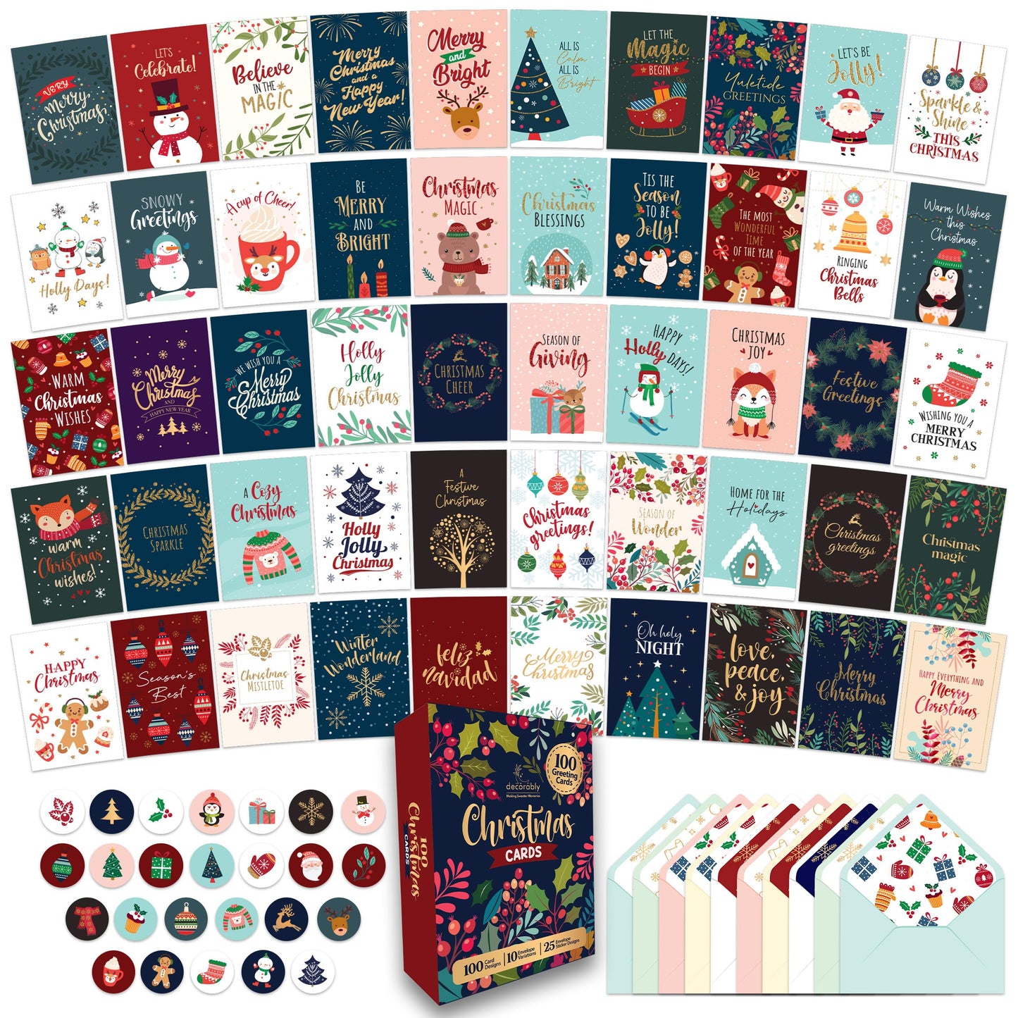Decorably 100 Pack Foiled & Glittery Boxed 6x4in Assorted Christmas Cards with Envelopes and Stickers, 100 Unique Holiday Designs Seasons Greetings for Loved Ones, Printed Message - Gifting, Mailing
