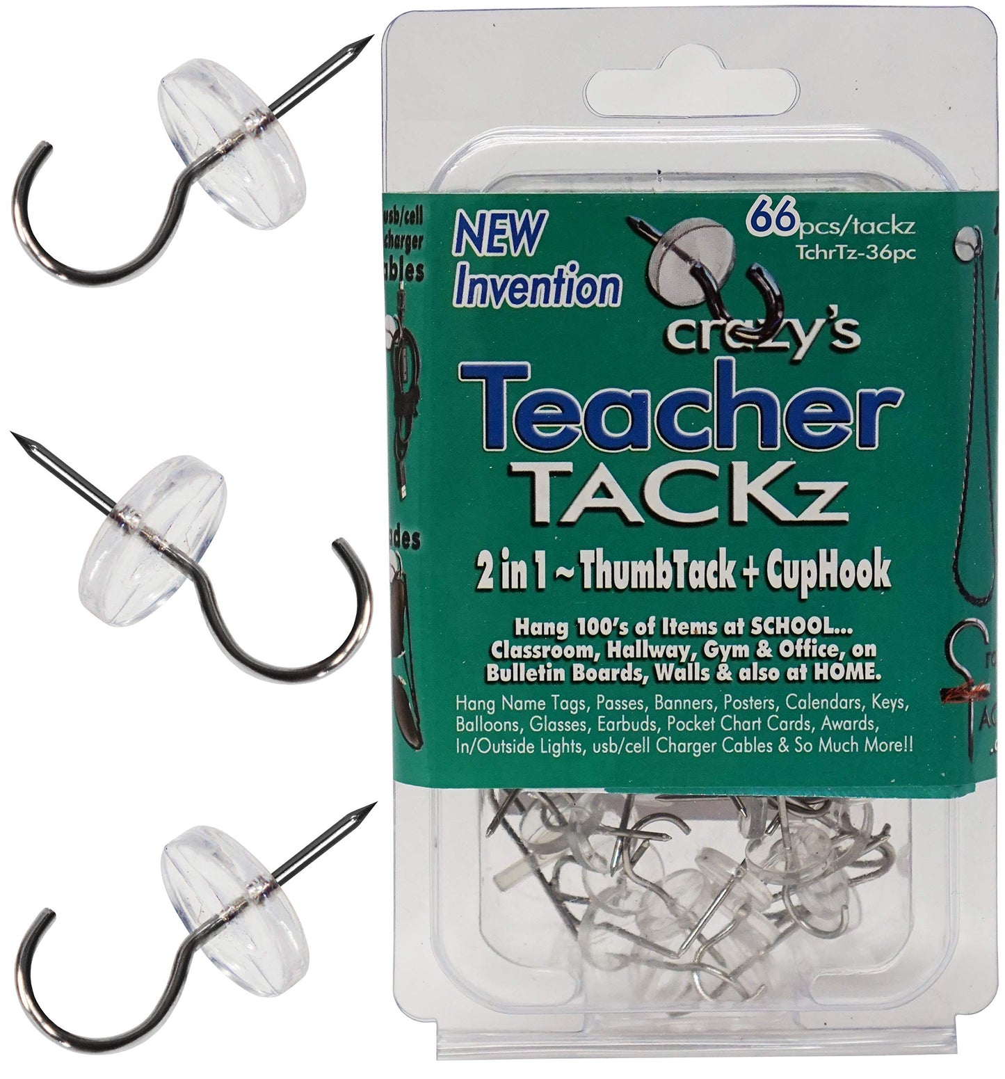 TEACHER TACKz 66 tacks - School Supplies for Teacher's Class Room - 2 in 1 push pin hook - thumb tack hook - Banners Signs Word Wall Cards Name Letter Fact Family Flash Matching Number Pocket Spelling