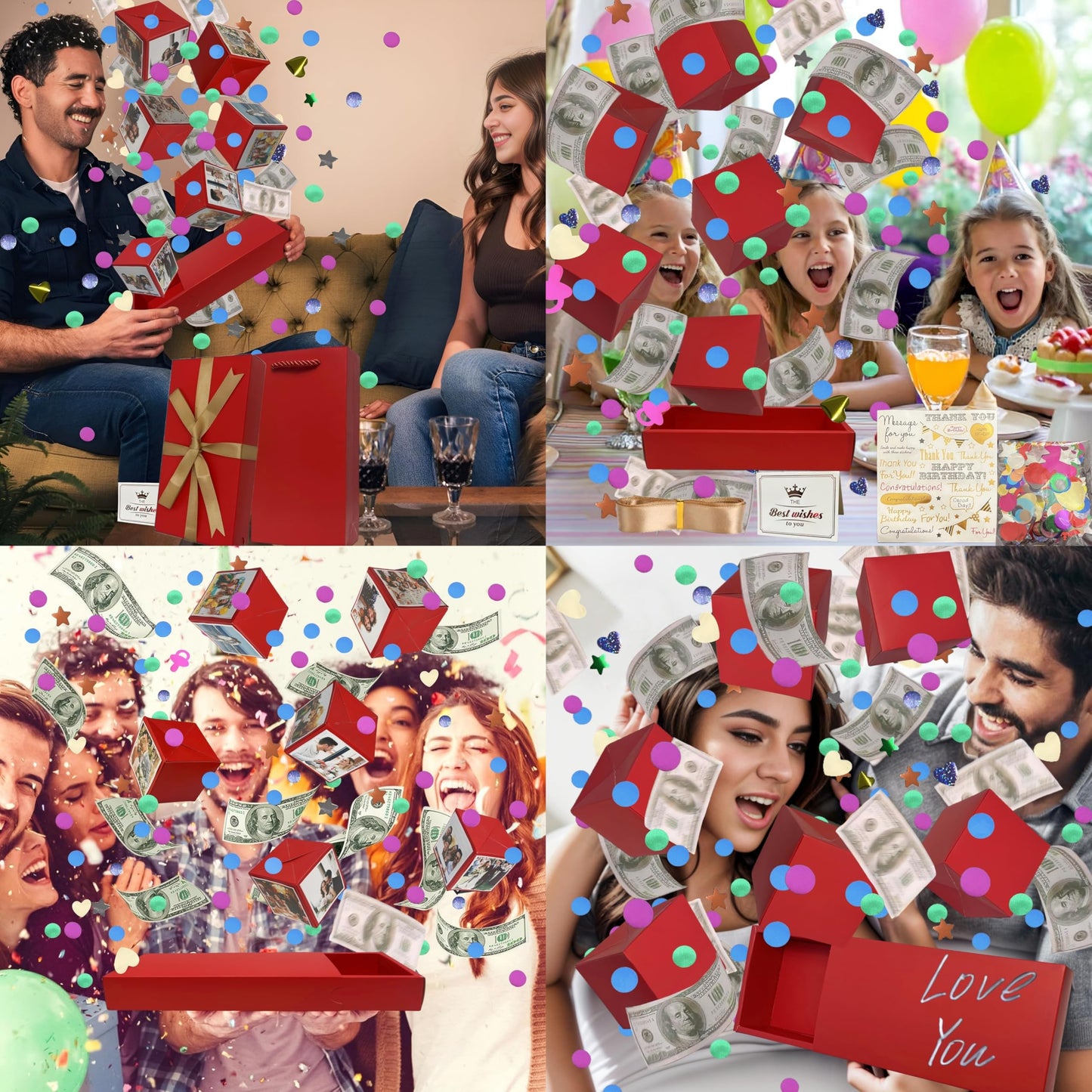 JINSTABAG Surprise Gift Box Explosion for Money, DIY Unique Folding Bouncing Cash Pop Up Gift Boxes for Birthday, Christmas, Anniversary, Valentine's Day. (Red)