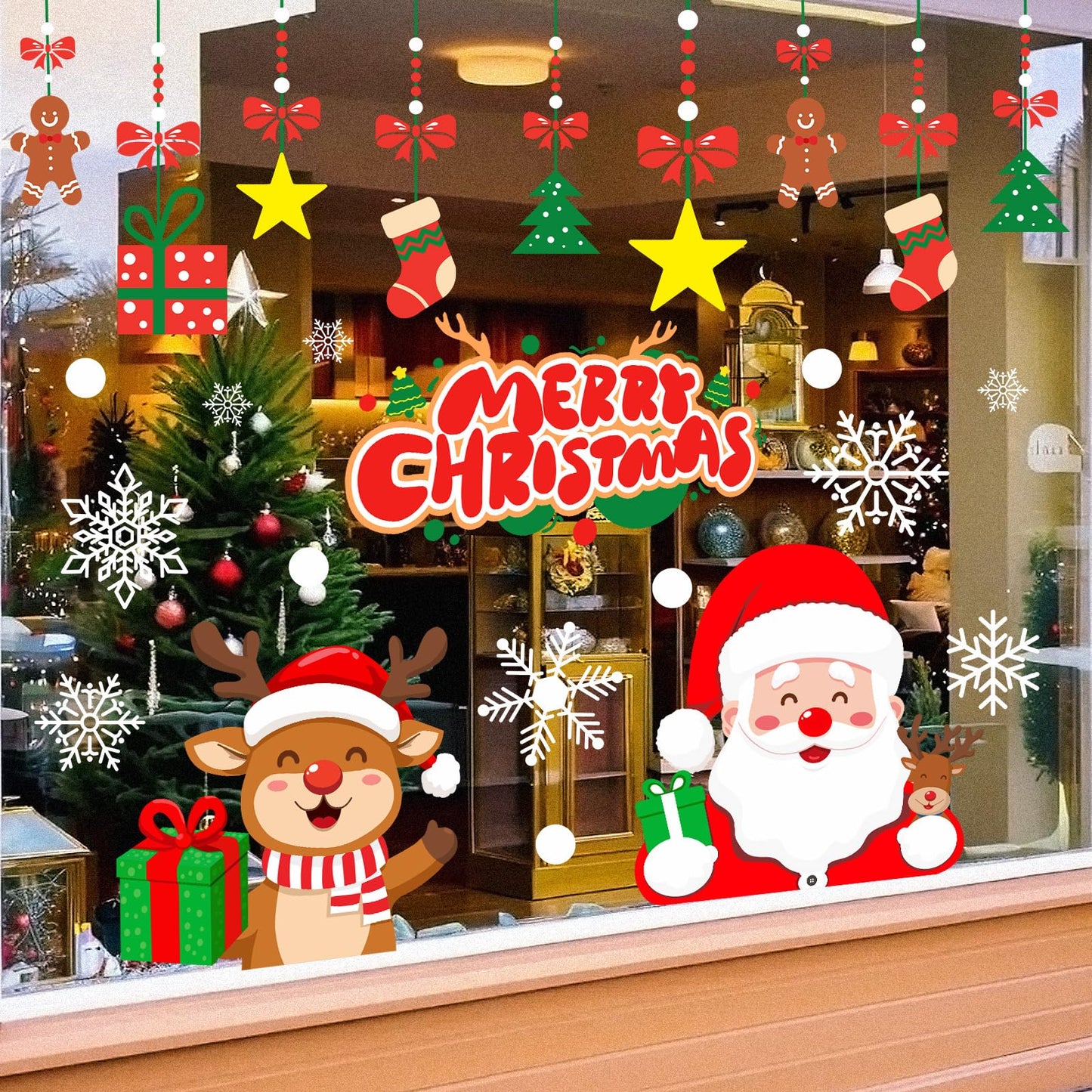T&W SAME FILM Christmas Window Clings Stickers for Glass, Window, Car Decor, Xmas Decals Decorations Holiday Snowflake Santa Claus Reindeer Decals for Party, Reusable, 6 Sheets