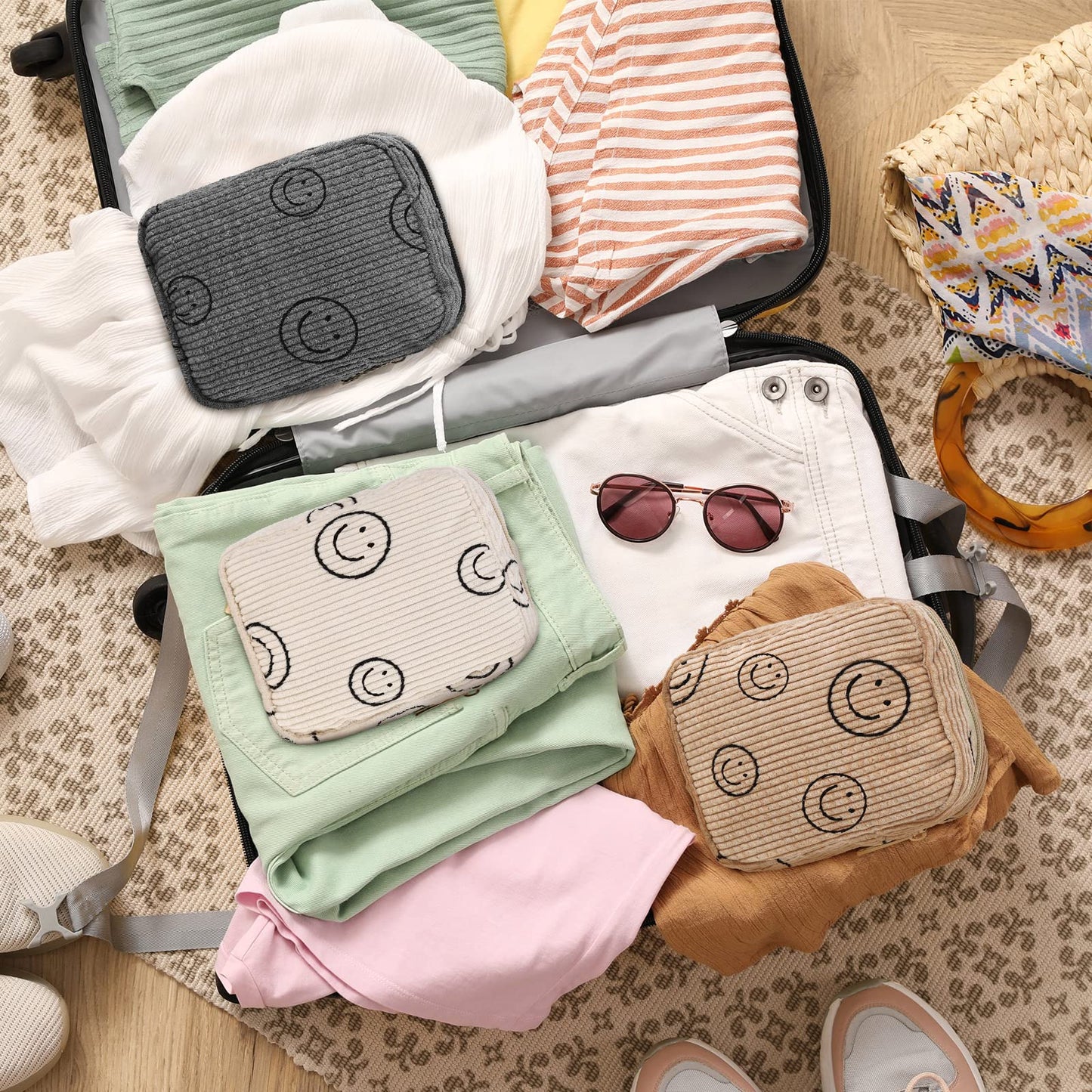 Photect 3 Pcs Small Mini Makeup Bag for Purse Corduroy Cute Cosmetic Bag Smile Face Pencil Pouch Purse Travel Makeup Bags for Women Gifts(Stylish,White, Gray, Yellow)