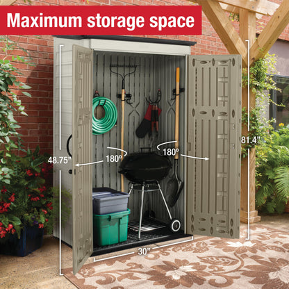 Rubbermaid Vertical Resin Outdoor Storage Shed With Floor (4 x 2.5 Ft) Weather Resistant Beige/Brown Organization for Home/Backyard/Pool Chemicals/Toys/Garden Tools/Porch/Patio Cushions