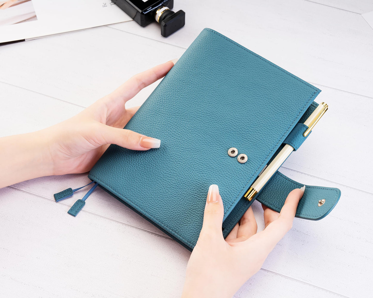 Ox Knight B6 Leather Planner Cover for Stalogy, Midori, Leuchtturm1917, and More - with Pen Loop, Card Slots, Back Pocket, and Bookmarks (Dark Blue)